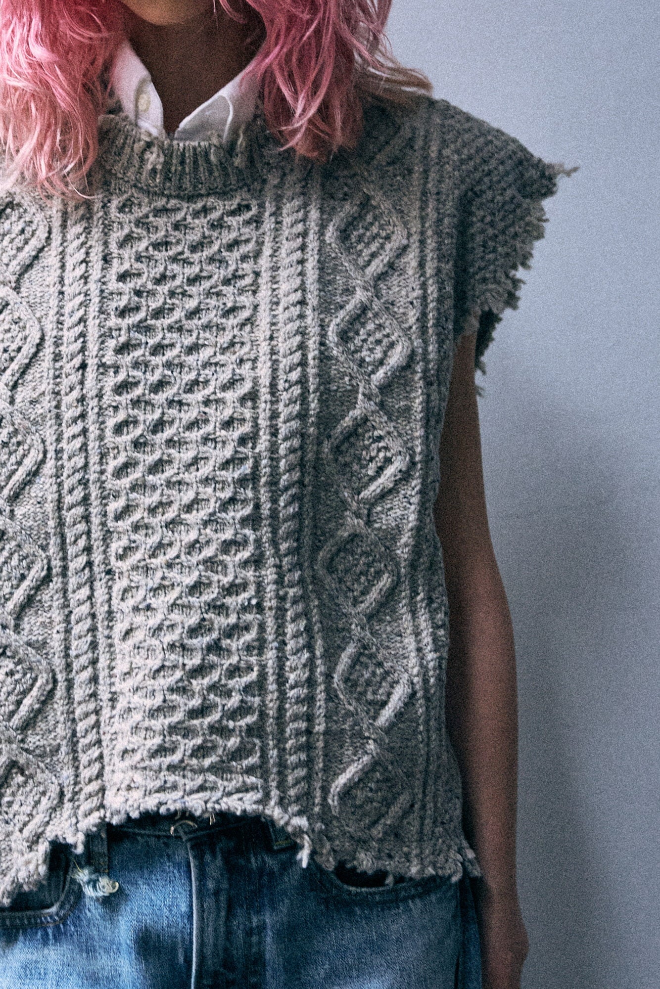 Boyfriend Cable Sweater Vest - Light Heather Grey Tweed - R13