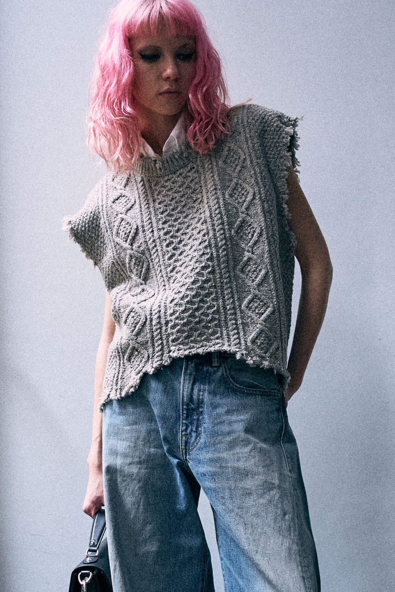 Boyfriend Cable Sweater Vest - Light Heather Grey Tweed - R13