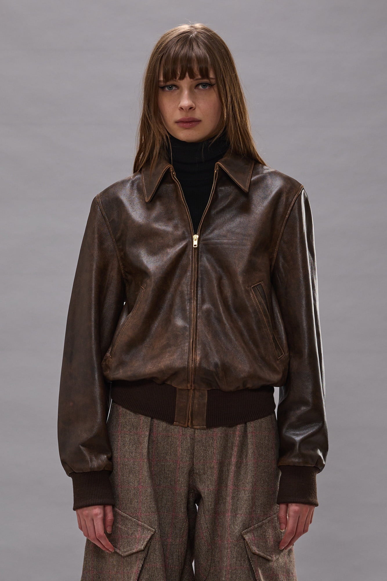 Boyfriend Leather Bomber - Brown - R13