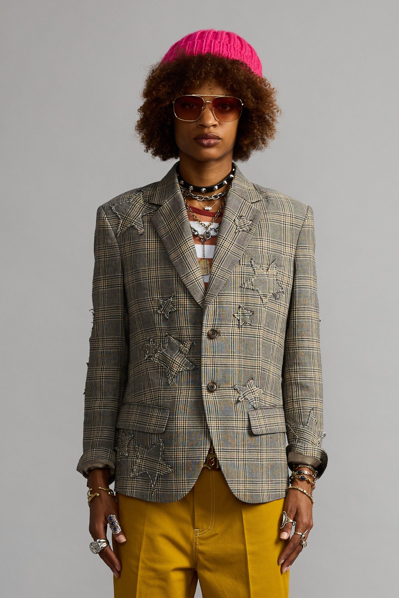 Boyfriend Notch Lapel Blazer - Small Khaki Plaid - R13