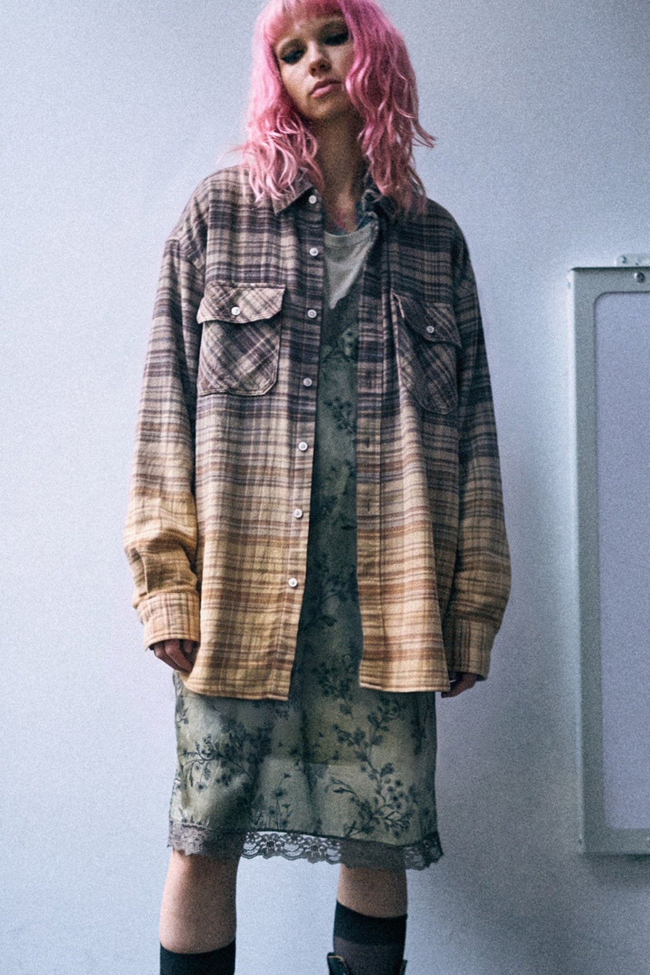 Boyfriend Shirt - Dip Bleach Light Blue Yellow Plaid - R13