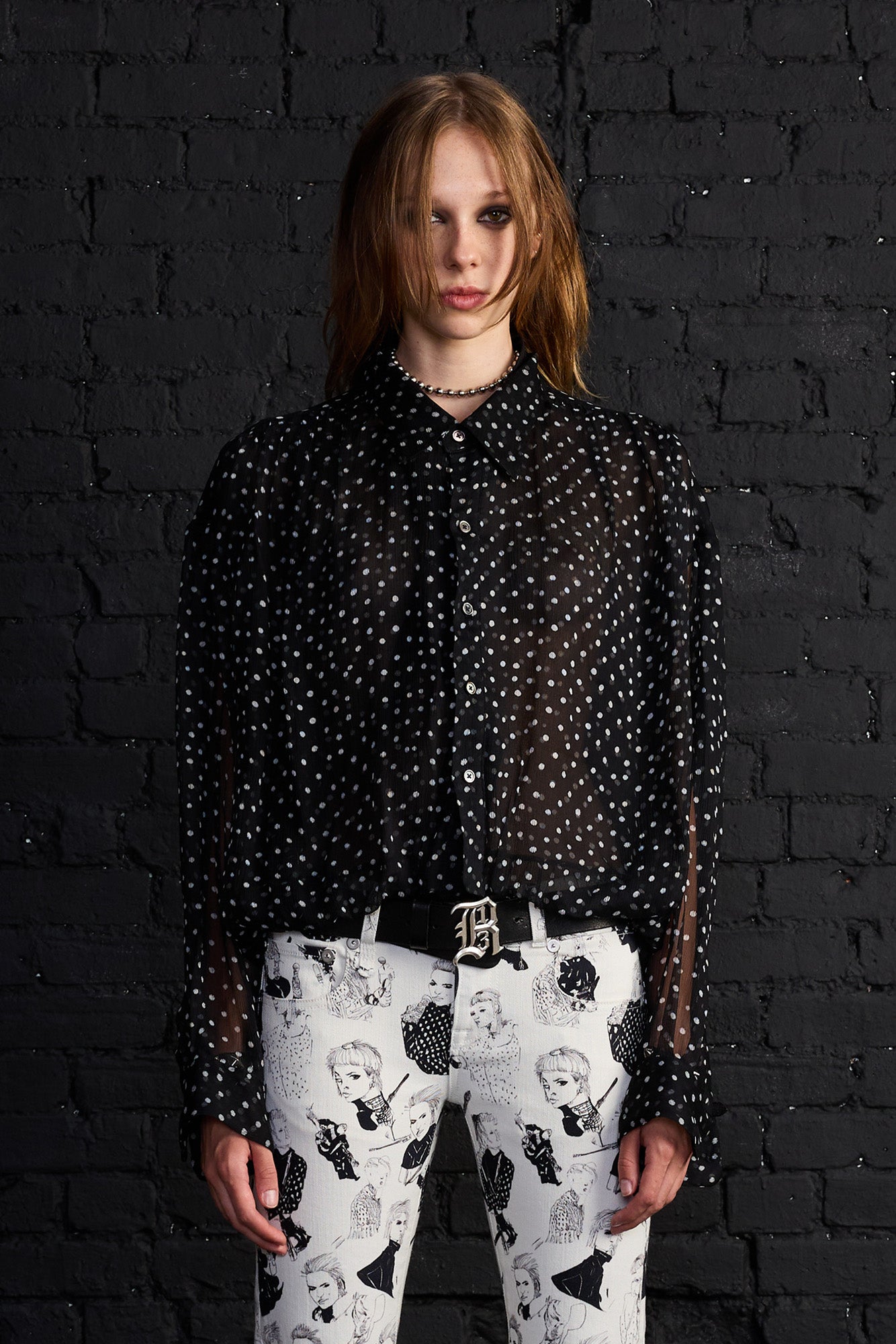 Bubble Shirt With Gathered Yoke - Black With Polka Dot - R13