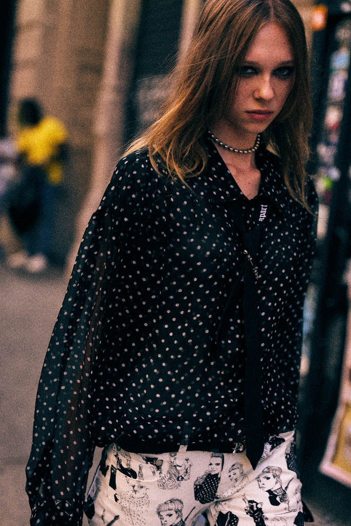 Bubble Shirt With Gathered Yoke - Black With Polka Dot