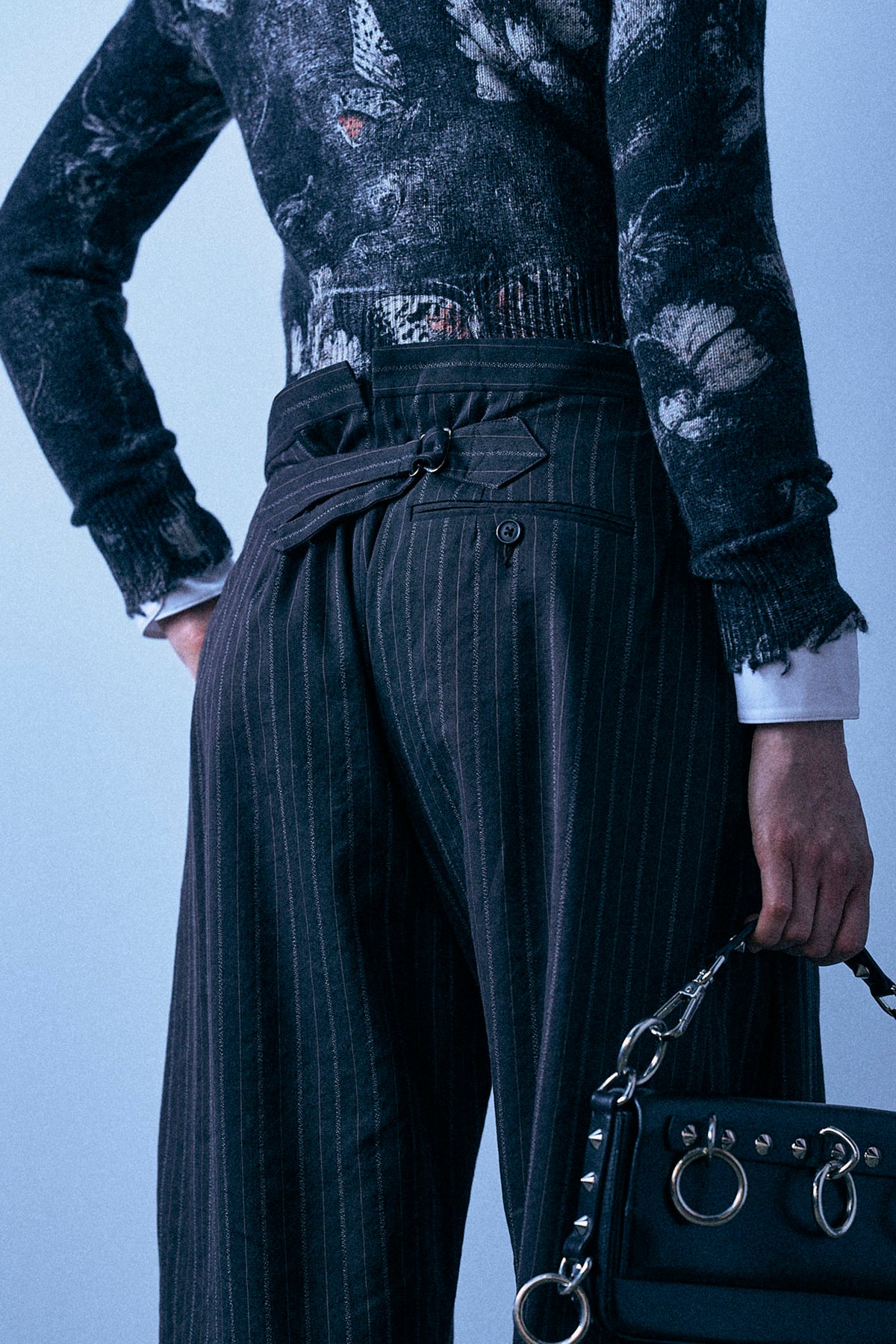 Buckle Back Side Pleat Trouser - Black Multi Stripe - R13