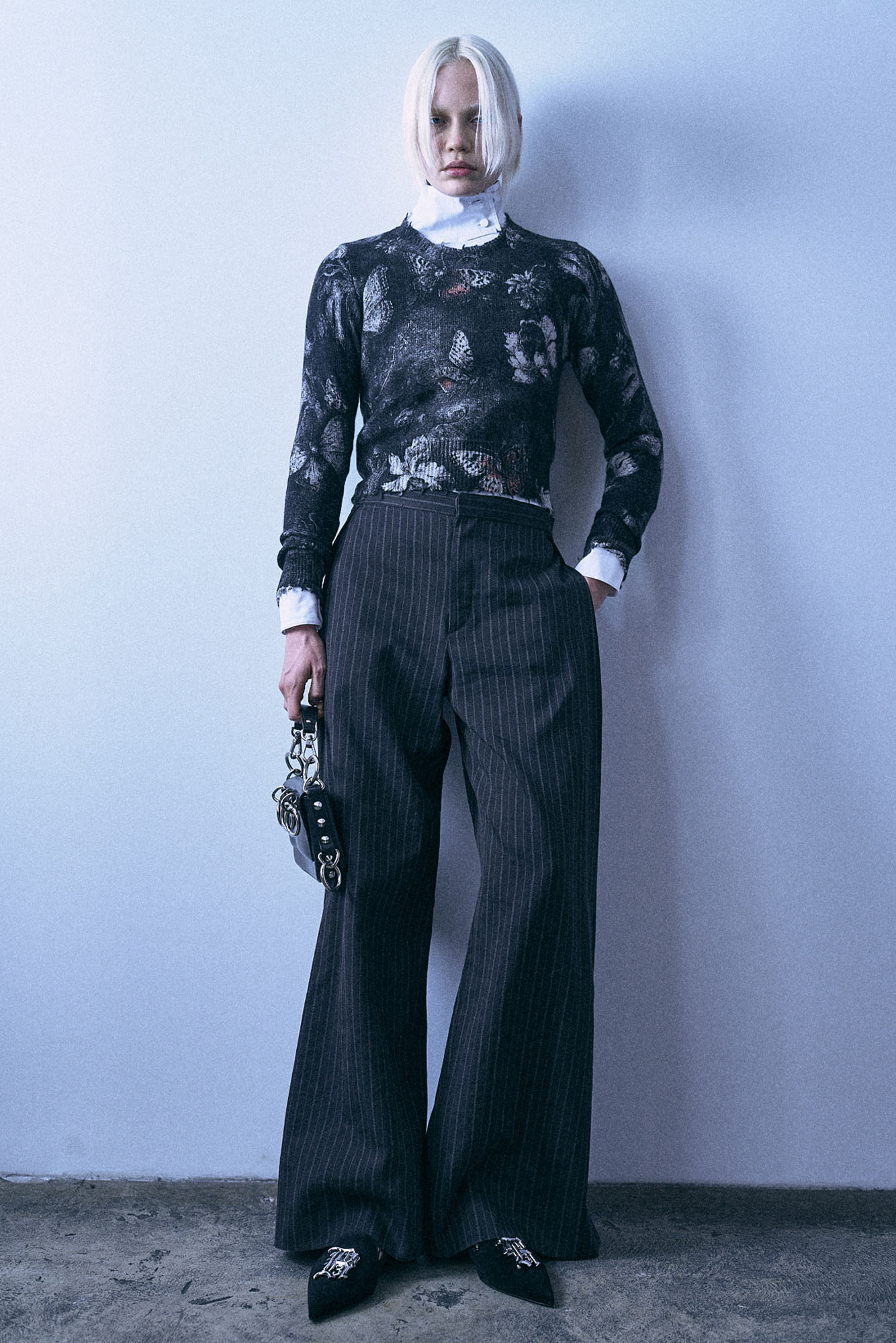 Buckle Back Side Pleat Trouser - Black Multi Stripe