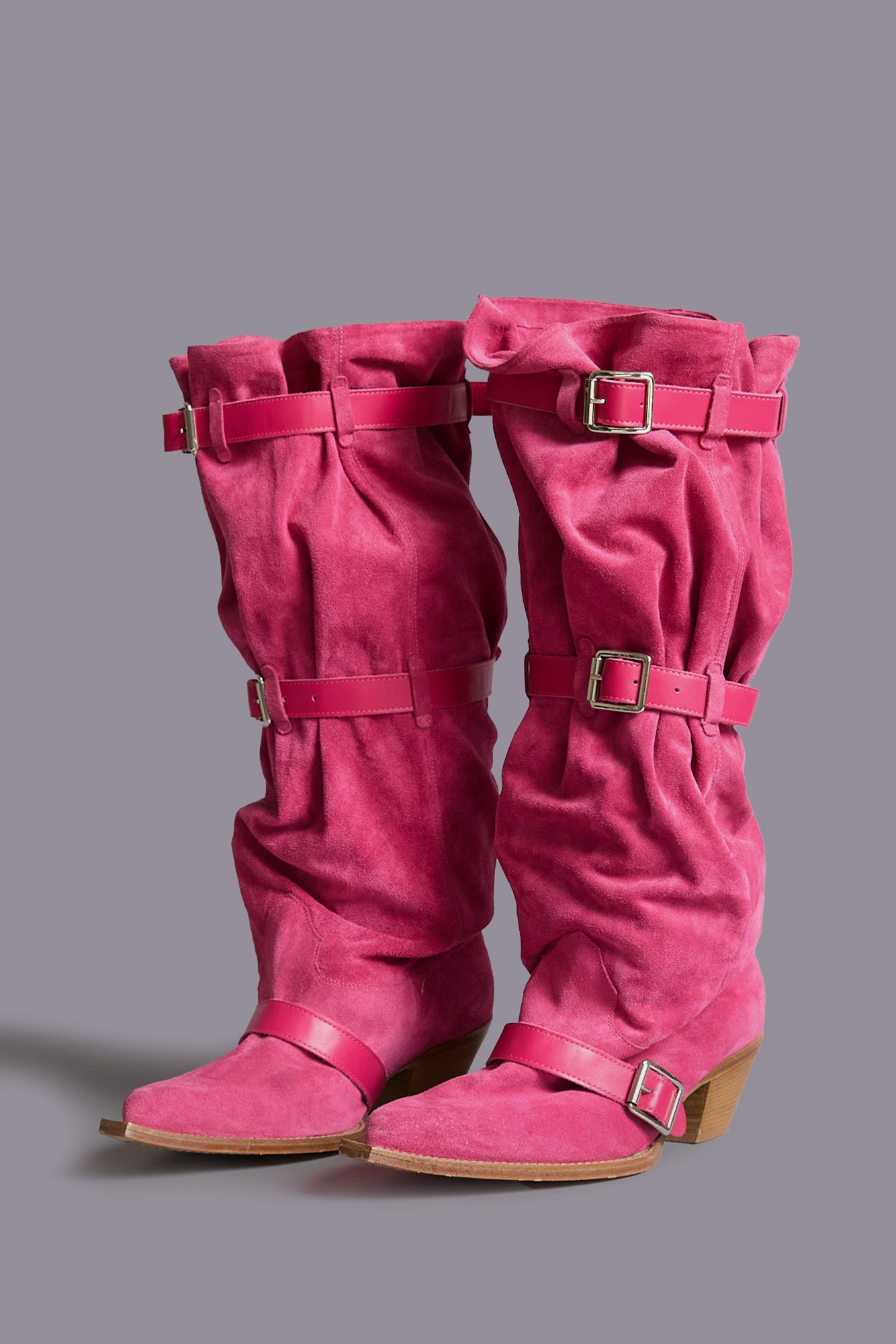 BUCKLED-UP SLOUCH COWBOY BOOT - BRIGHT PINK SUEDE - R13
