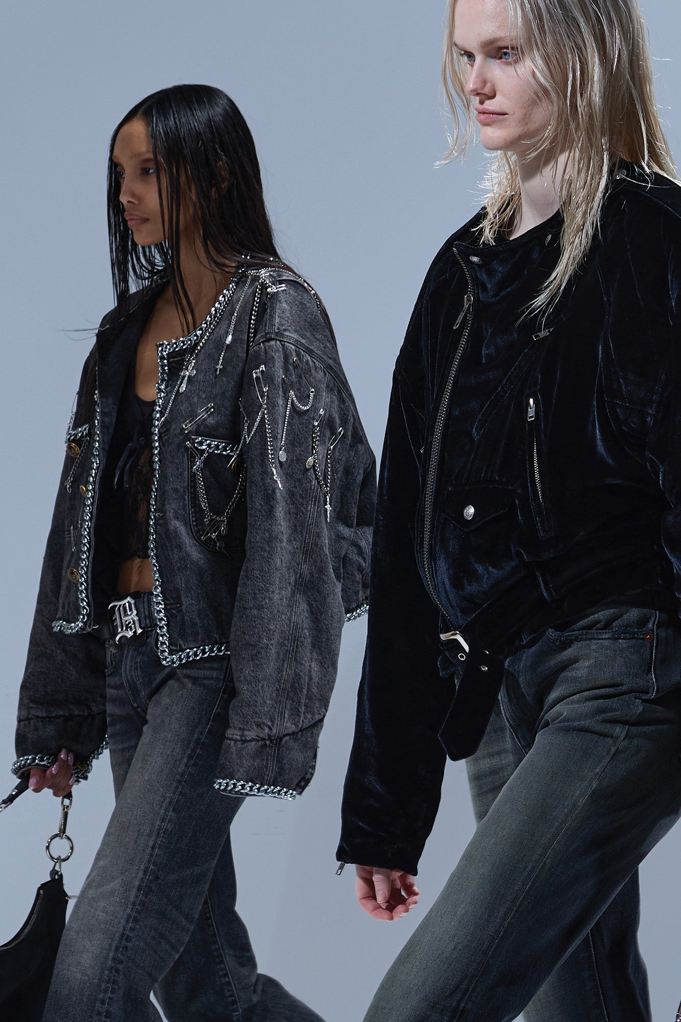 CHAIN EMBELLISHED CROPPED CHORE JACKET - DUSKY GREY - R13