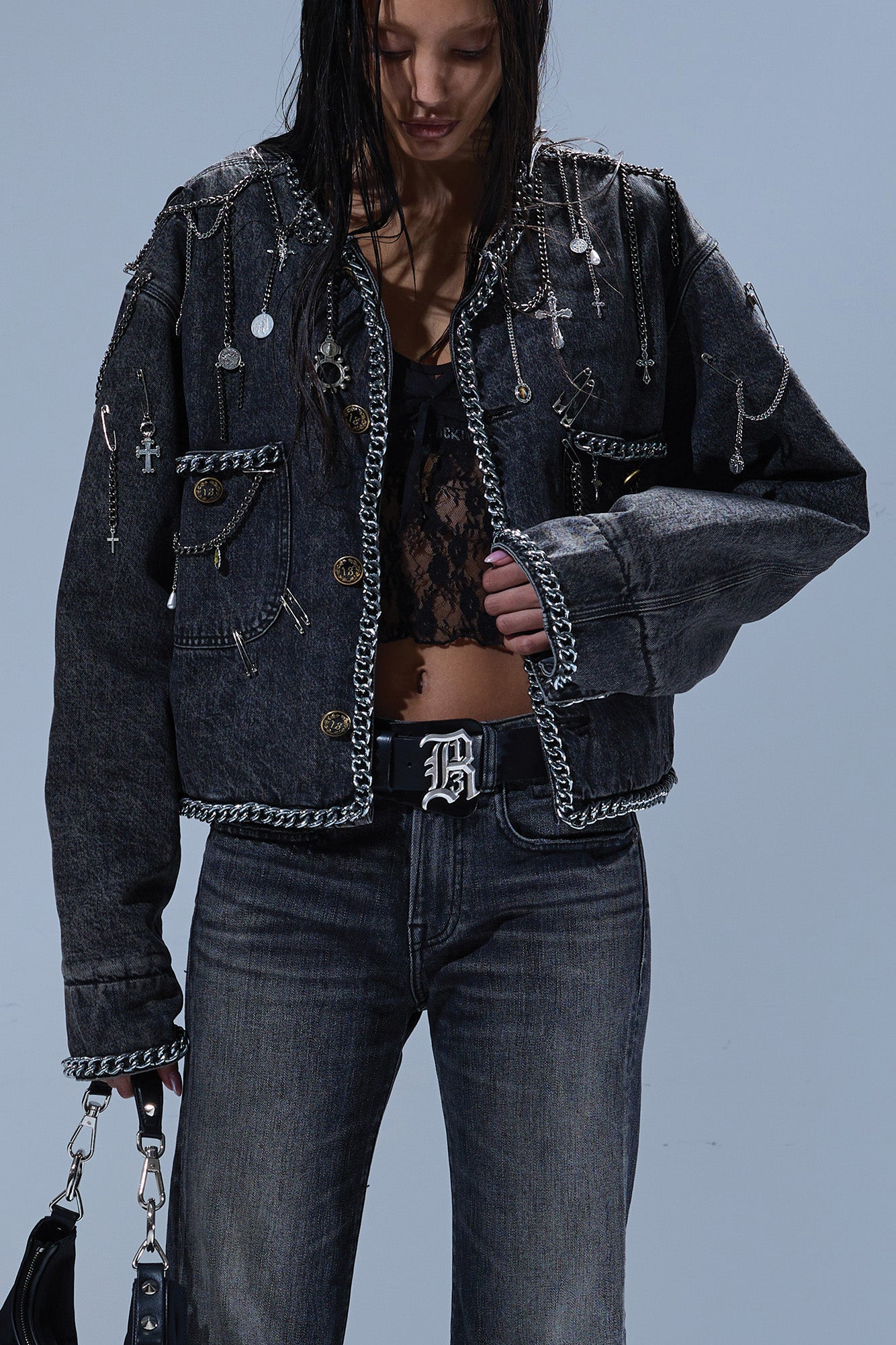 CHAIN EMBELLISHED CROPPED CHORE JACKET - DUSKY GREY - R13