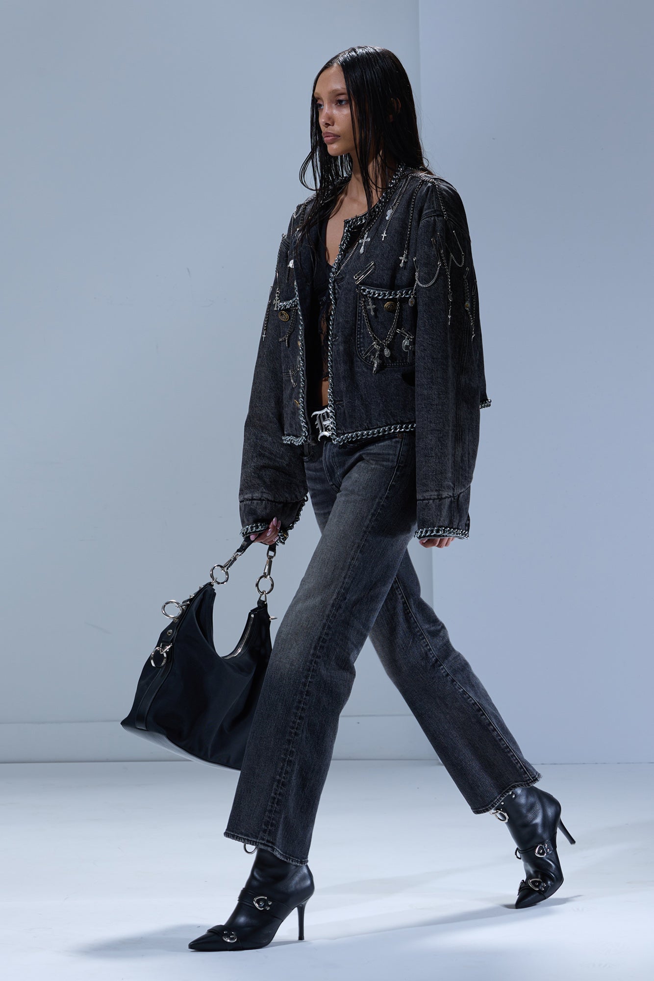 CHAIN EMBELLISHED CROPPED CHORE JACKET - DUSKY GREY - R13