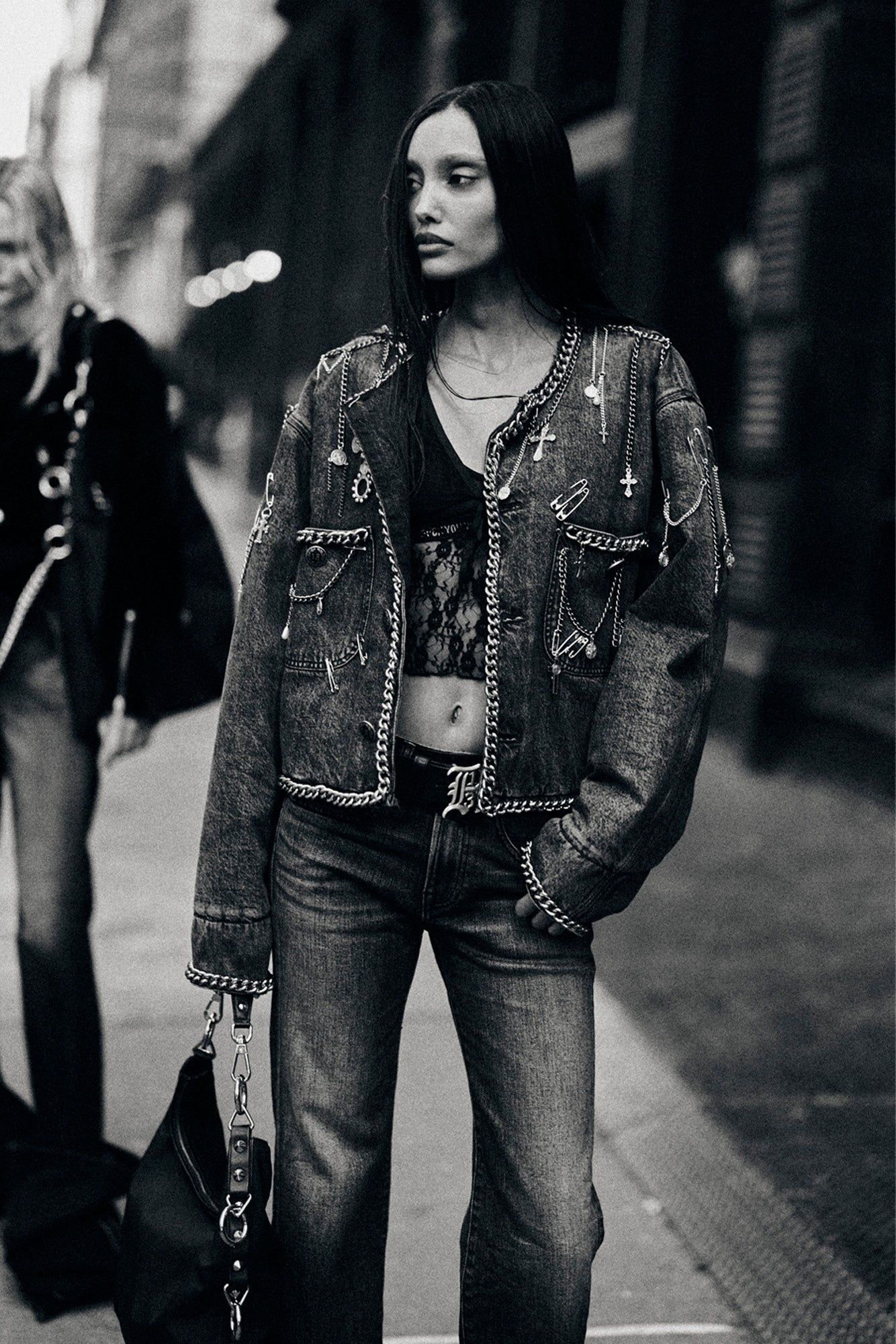 CHAIN EMBELLISHED CROPPED CHORE JACKET - DUSKY GREY