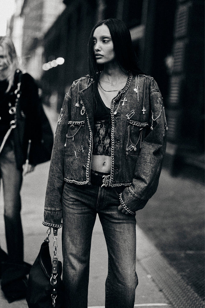 CHAIN EMBELLISHED CROPPED CHORE JACKET - DUSKY GREY