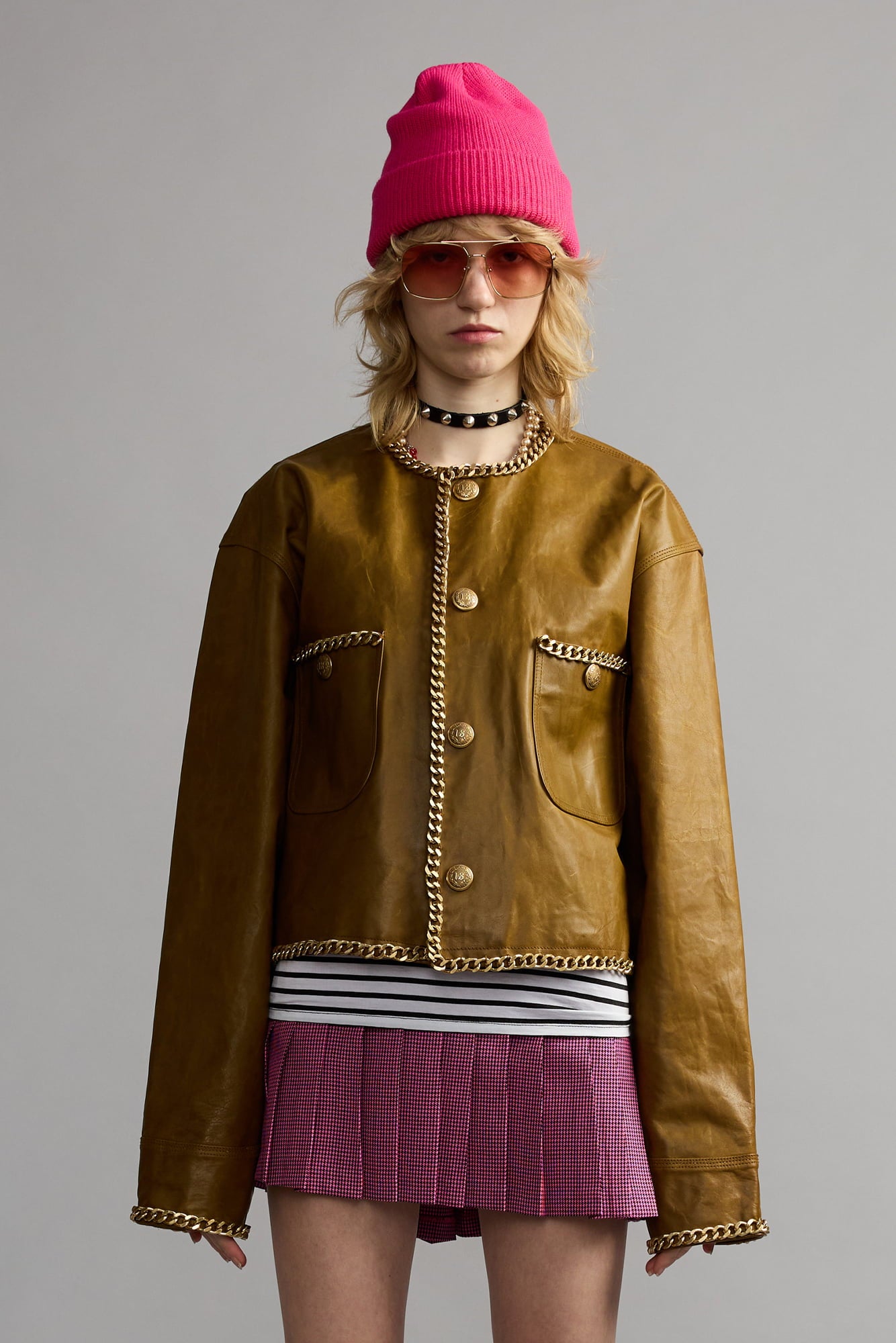 Chain Embellished Cropped Leather Jacket - Olive Green Leather - R13
