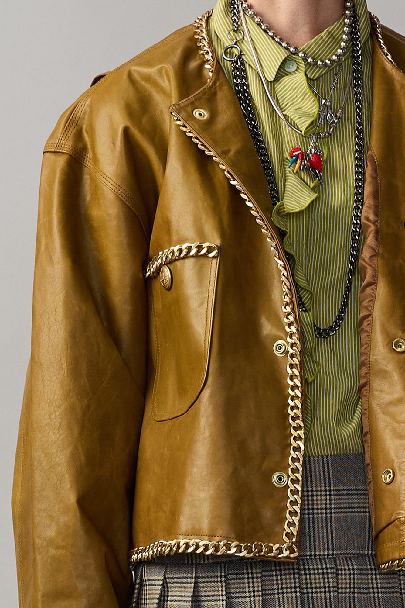 Chain Embellished Cropped Leather Jacket - Olive Green Leather - R13