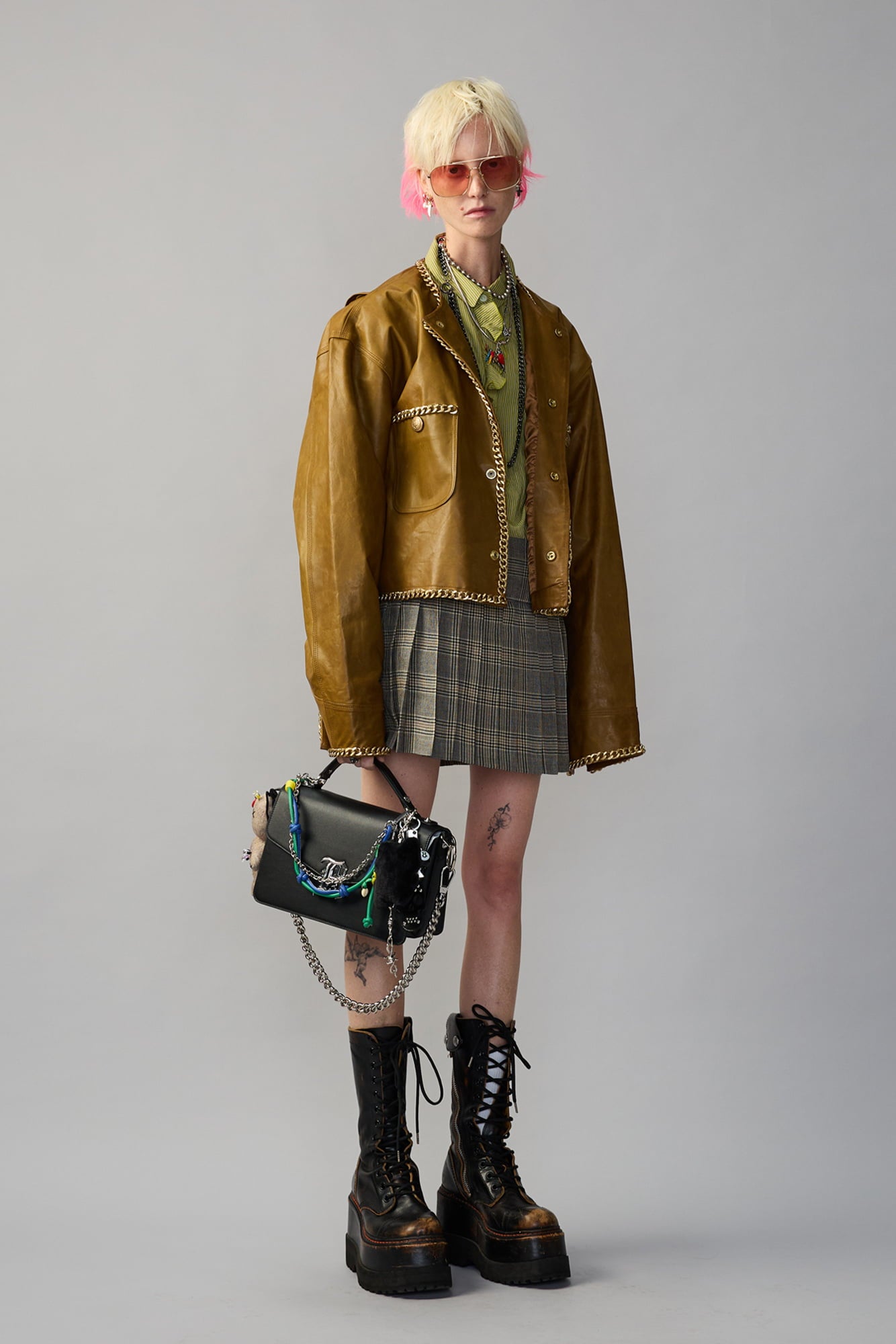 Chain Embellished Cropped Leather Jacket - Olive Green Leather - R13