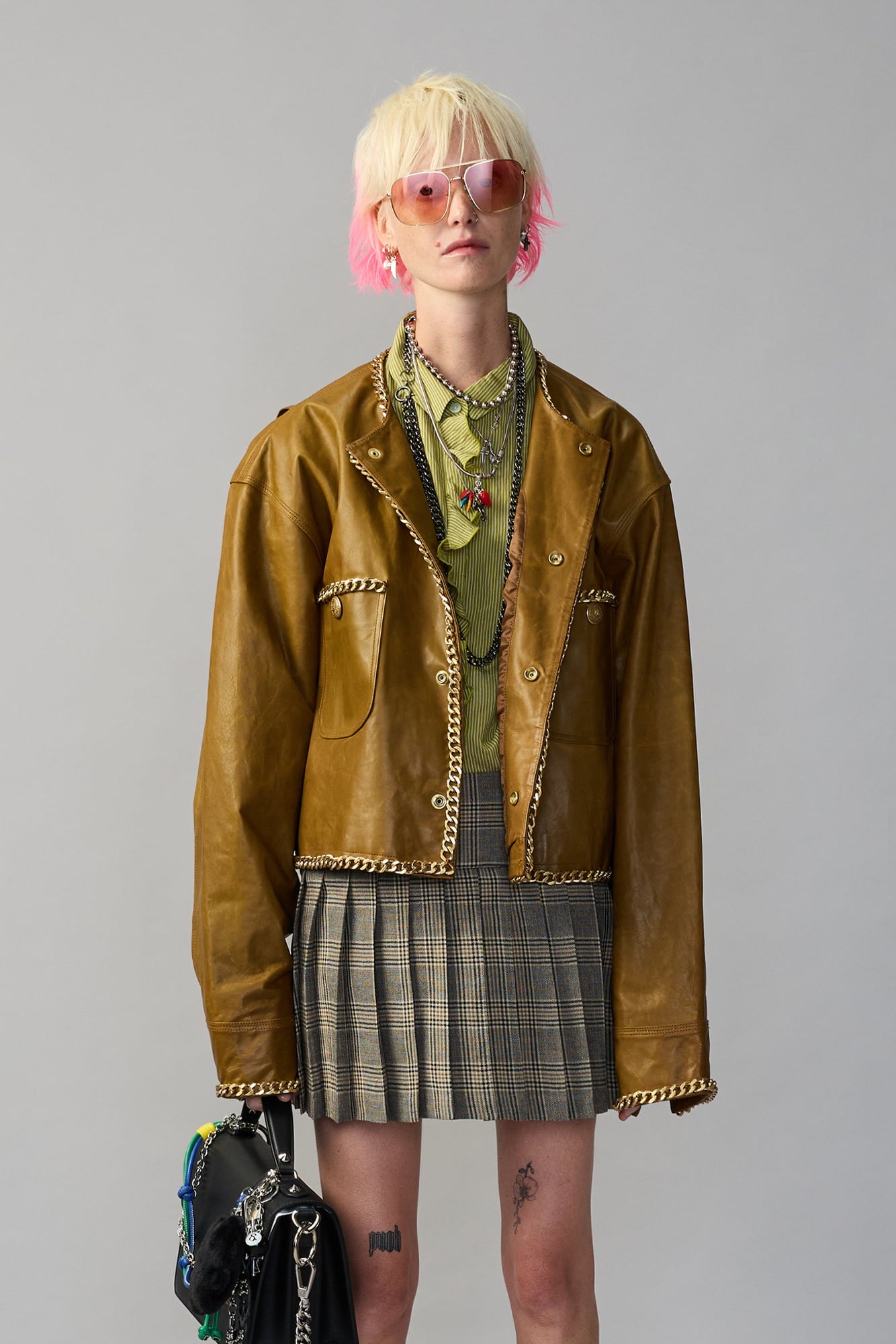 Chain Embellished Cropped Leather Jacket - Olive Green Leather - R13