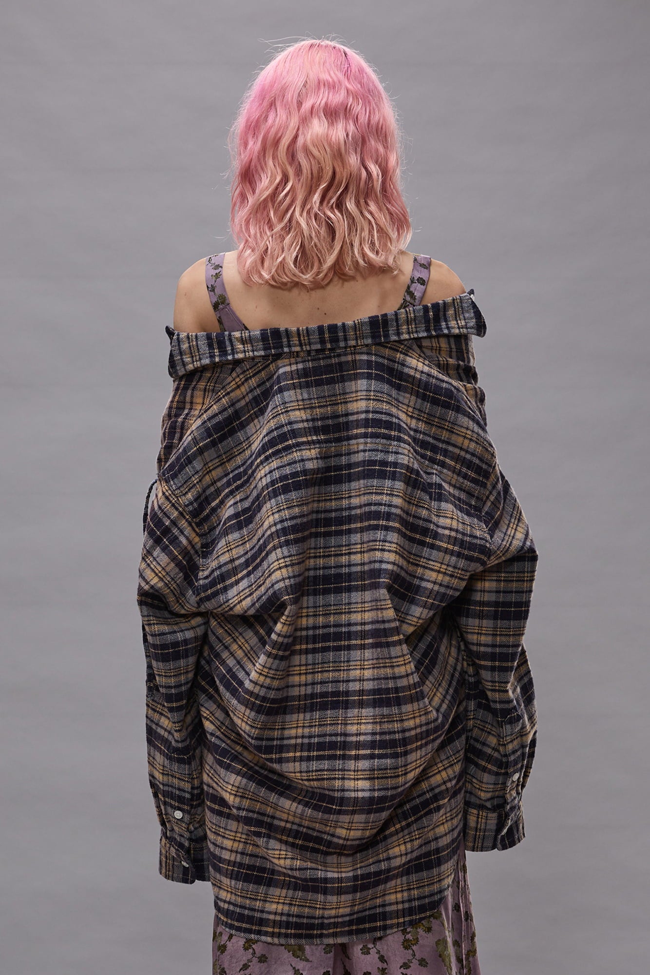 Cinched Off Shoulder Shirt - Blue Plaid - R13