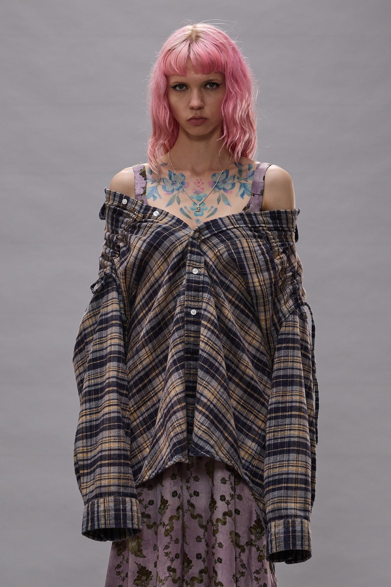 Cinched Off Shoulder Shirt - Blue Plaid - R13
