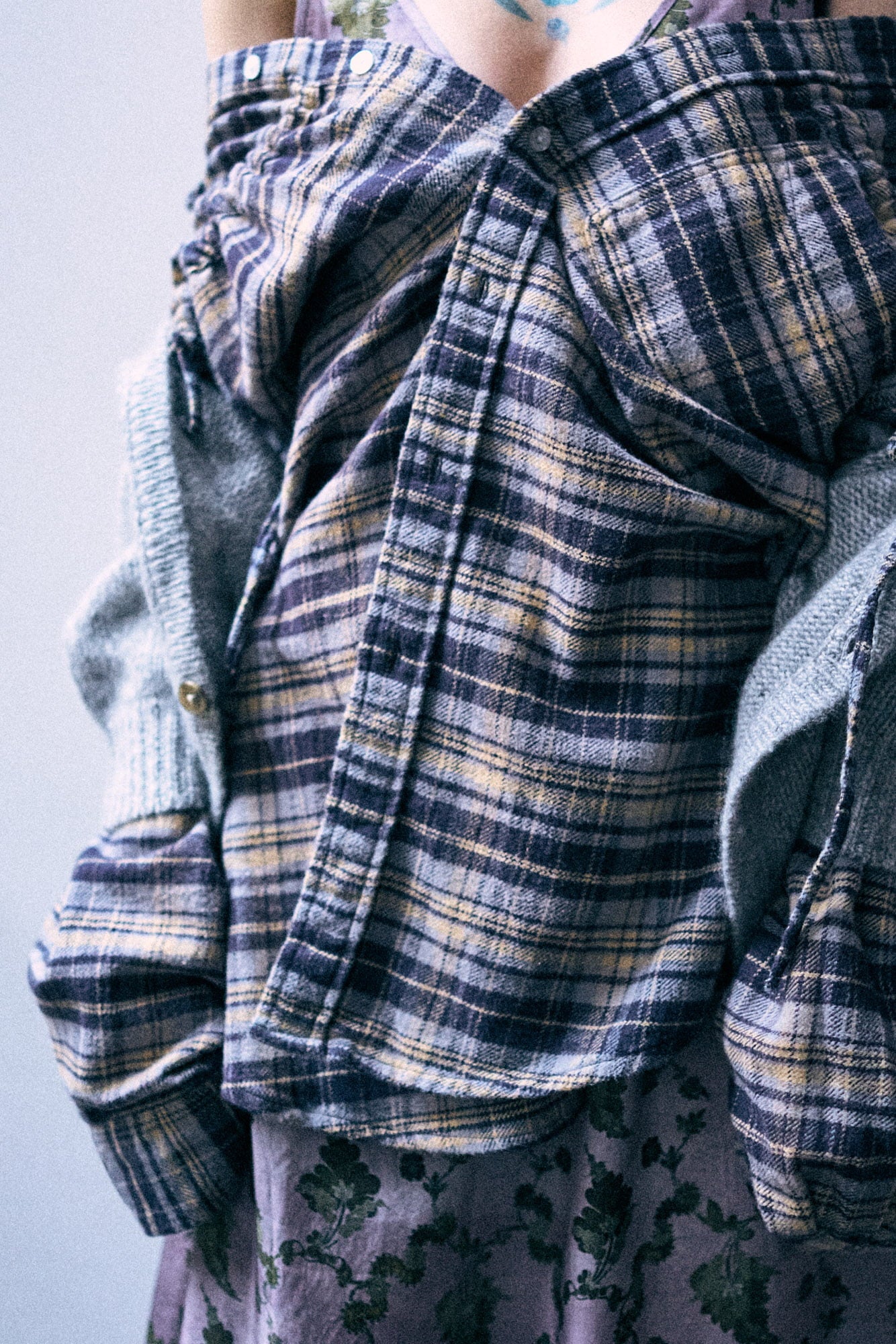 Cinched Off Shoulder Shirt - Blue Plaid - R13