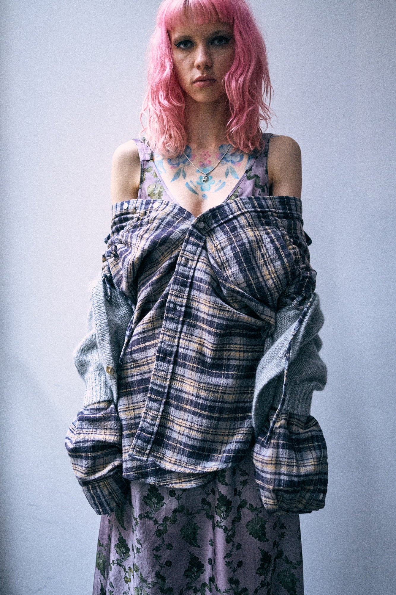 Cinched Off Shoulder Shirt - Blue Plaid - R13