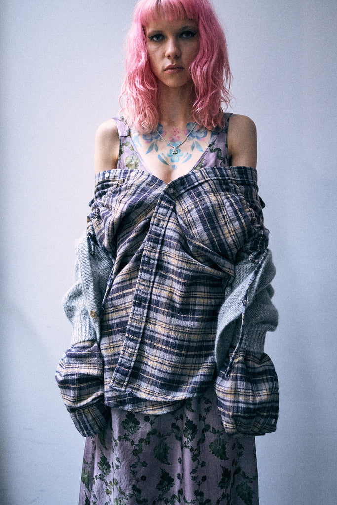 Cinched Off Shoulder Shirt - Blue Plaid