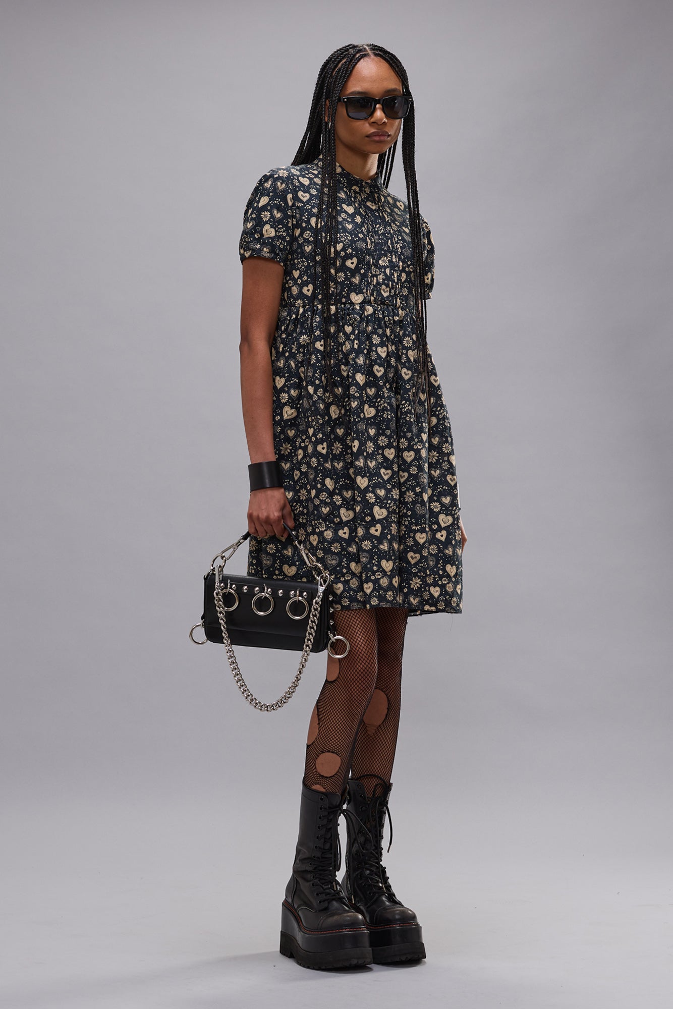 COLLARED BABYDOLL DRESS - MINI HEARTS ON BLACK - R13