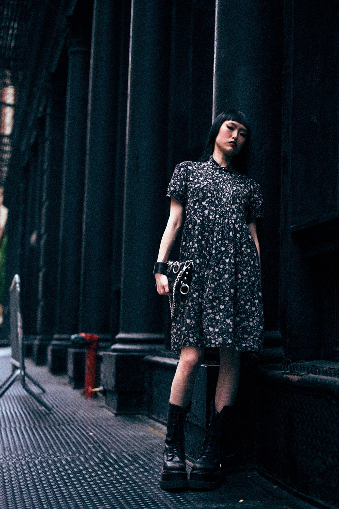 COLLARED BABYDOLL DRESS - MINI HEARTS ON BLACK - R13