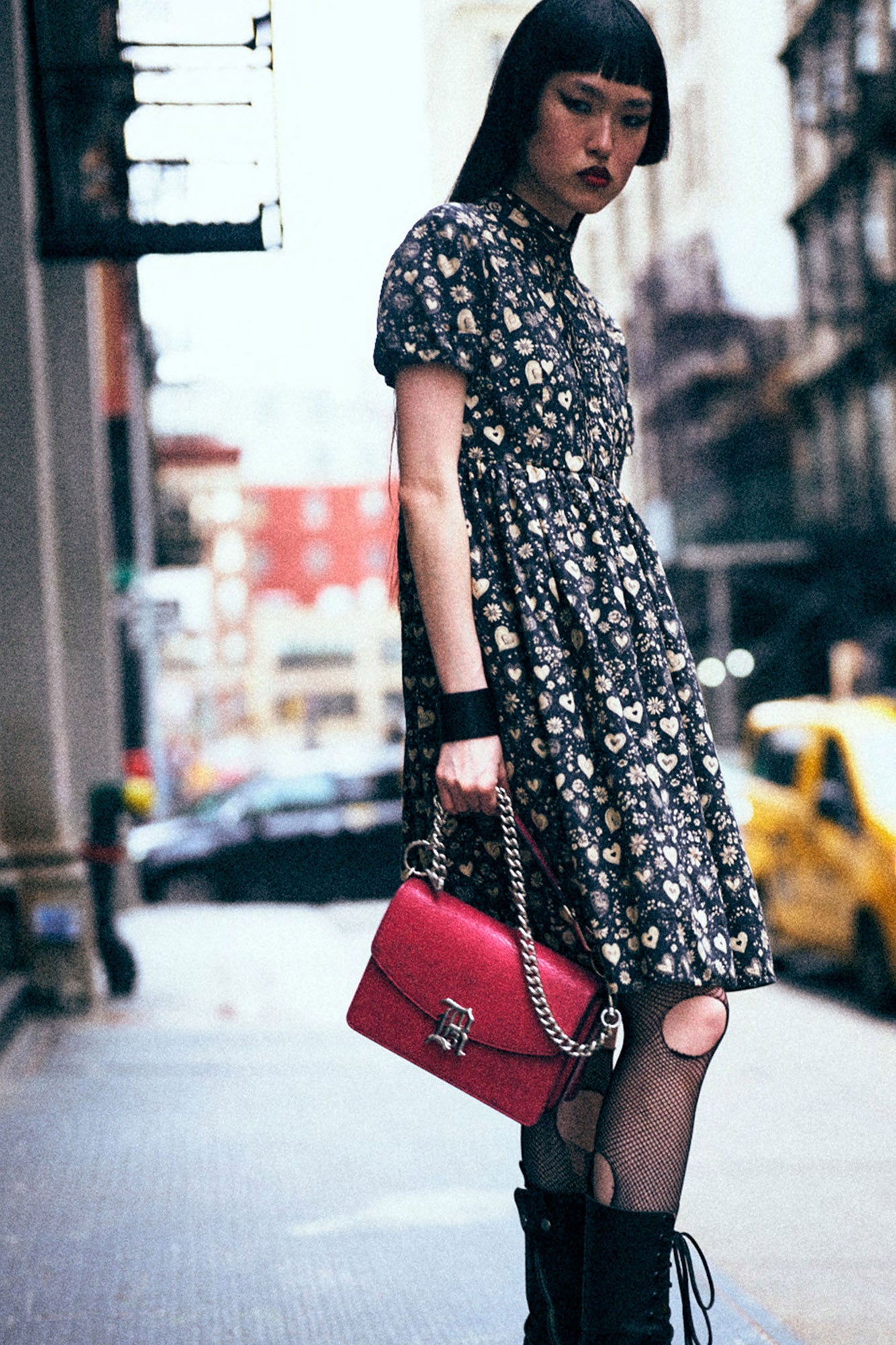 COLLARED BABYDOLL DRESS - MINI HEARTS ON BLACK - R13