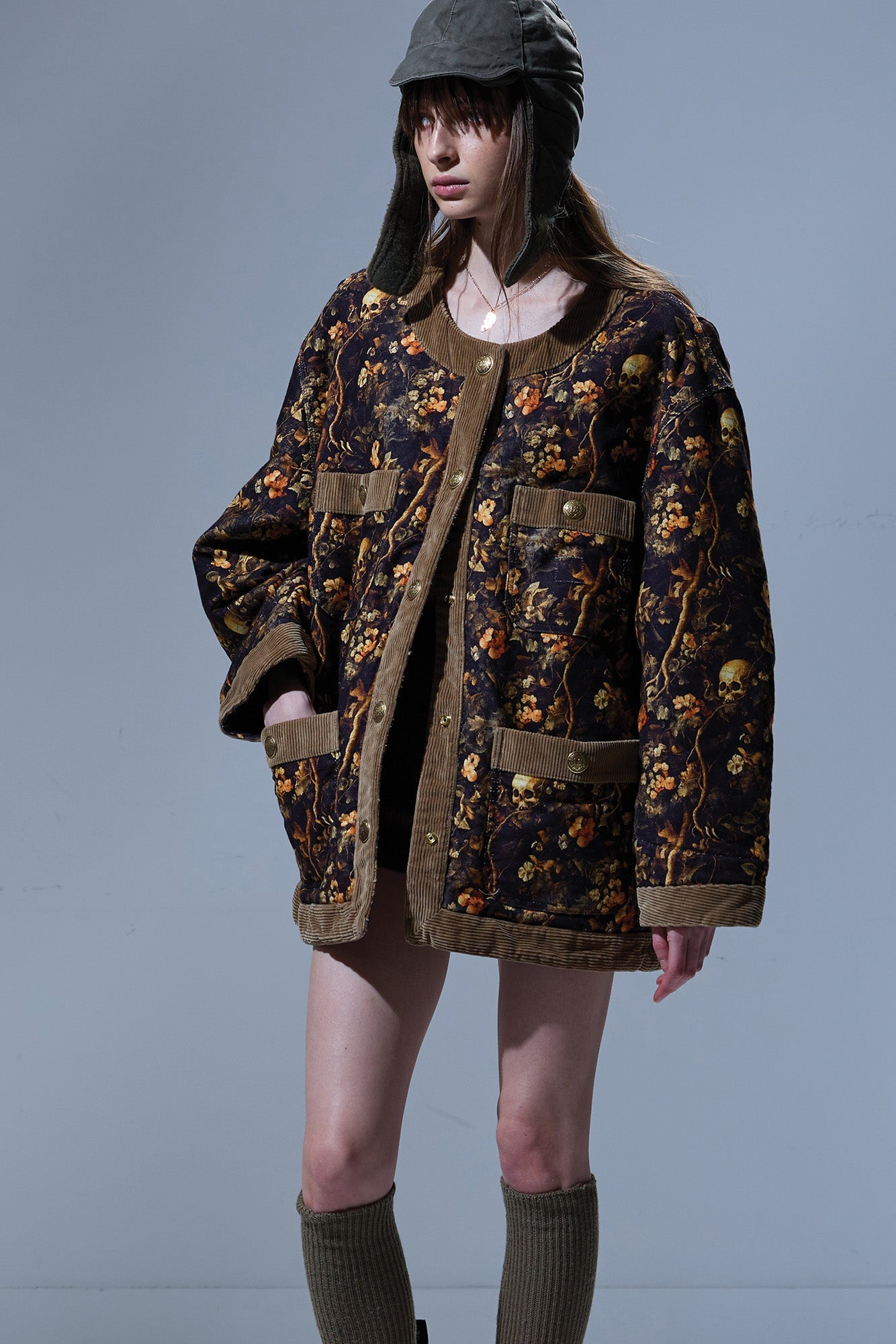 CORD TRIMMED CHORE JACKET - SKULL CAMO MOLESKIN BROWN - R13