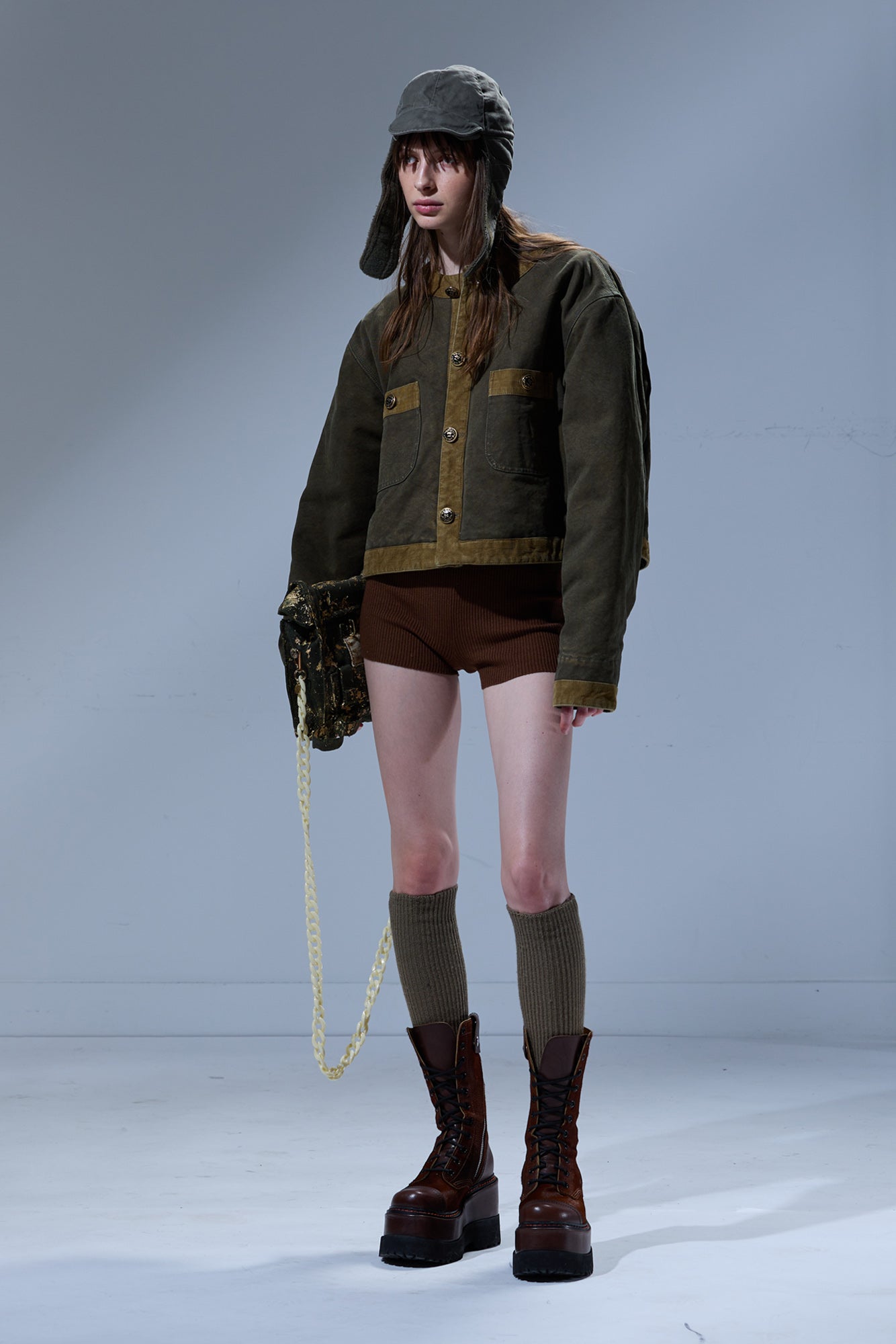 CORD TRIMMED CROPPED CHORE JACKET - DUSKY OLIVE CANVAS GREEN - R13