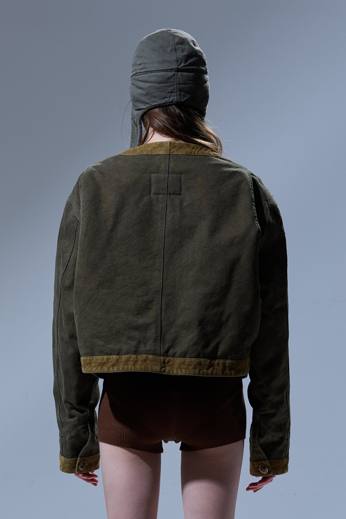 CORD TRIMMED CROPPED CHORE JACKET - DUSKY OLIVE CANVAS GREEN - R13