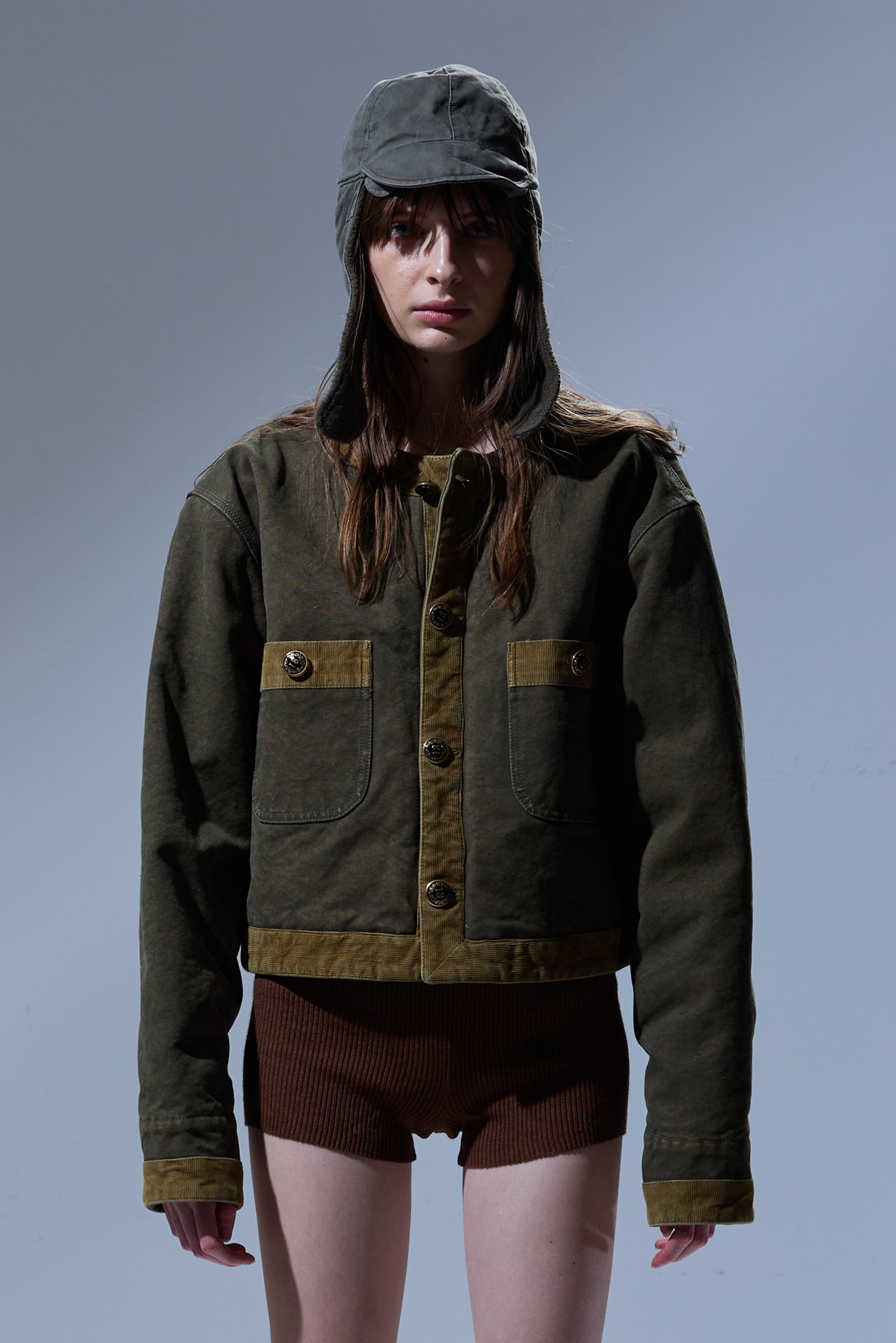 CORD TRIMMED CROPPED CHORE JACKET - DUSKY OLIVE CANVAS GREEN - R13
