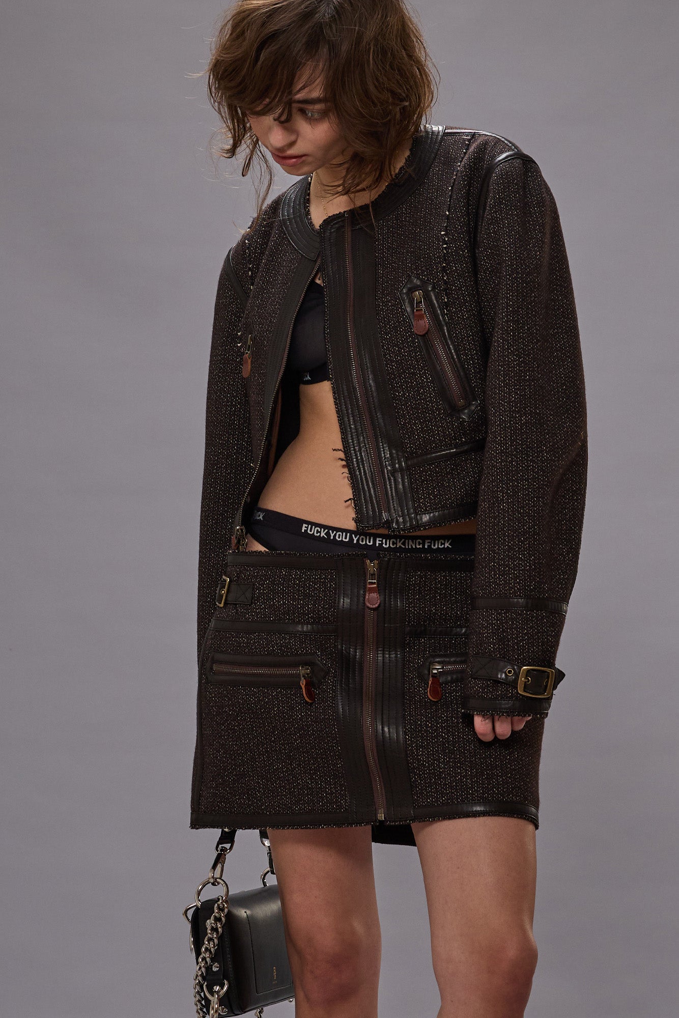 CREWNECK JACKET WITH STITCHED DETAILS - BROWN - R13