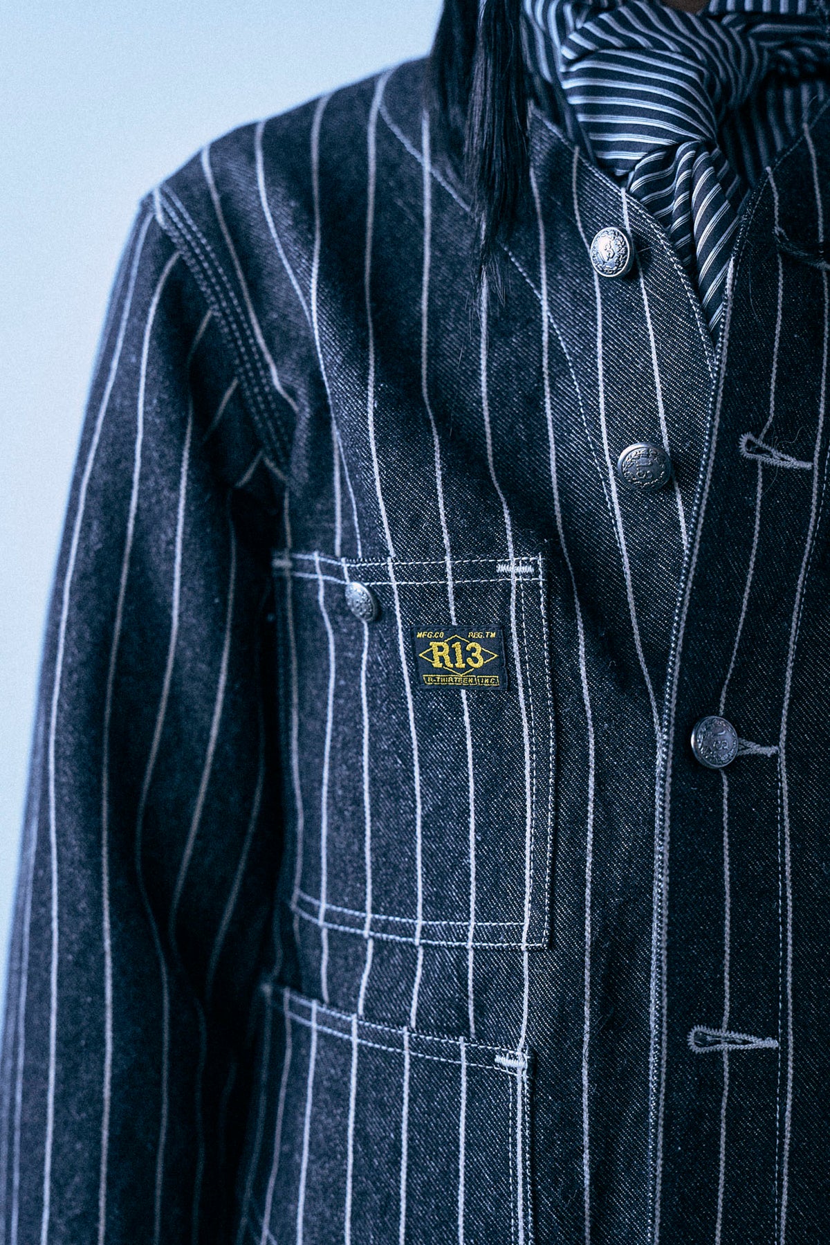 Cropped Chore Jacket - Black Ecru Stripe - R13