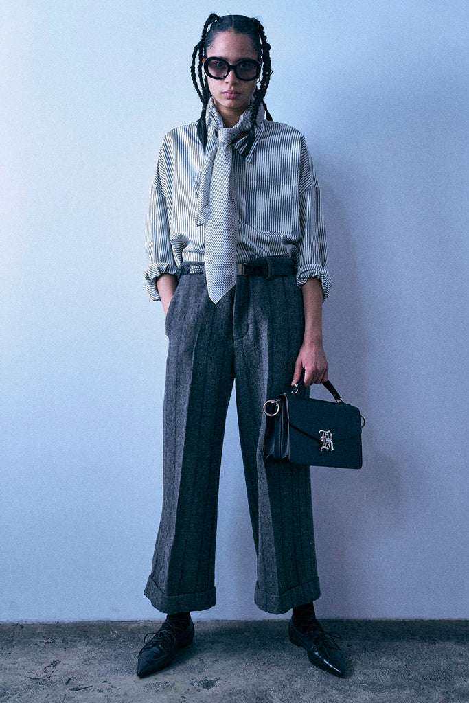 Cropped Cuffed Trouser - Grey And Navy Stripe