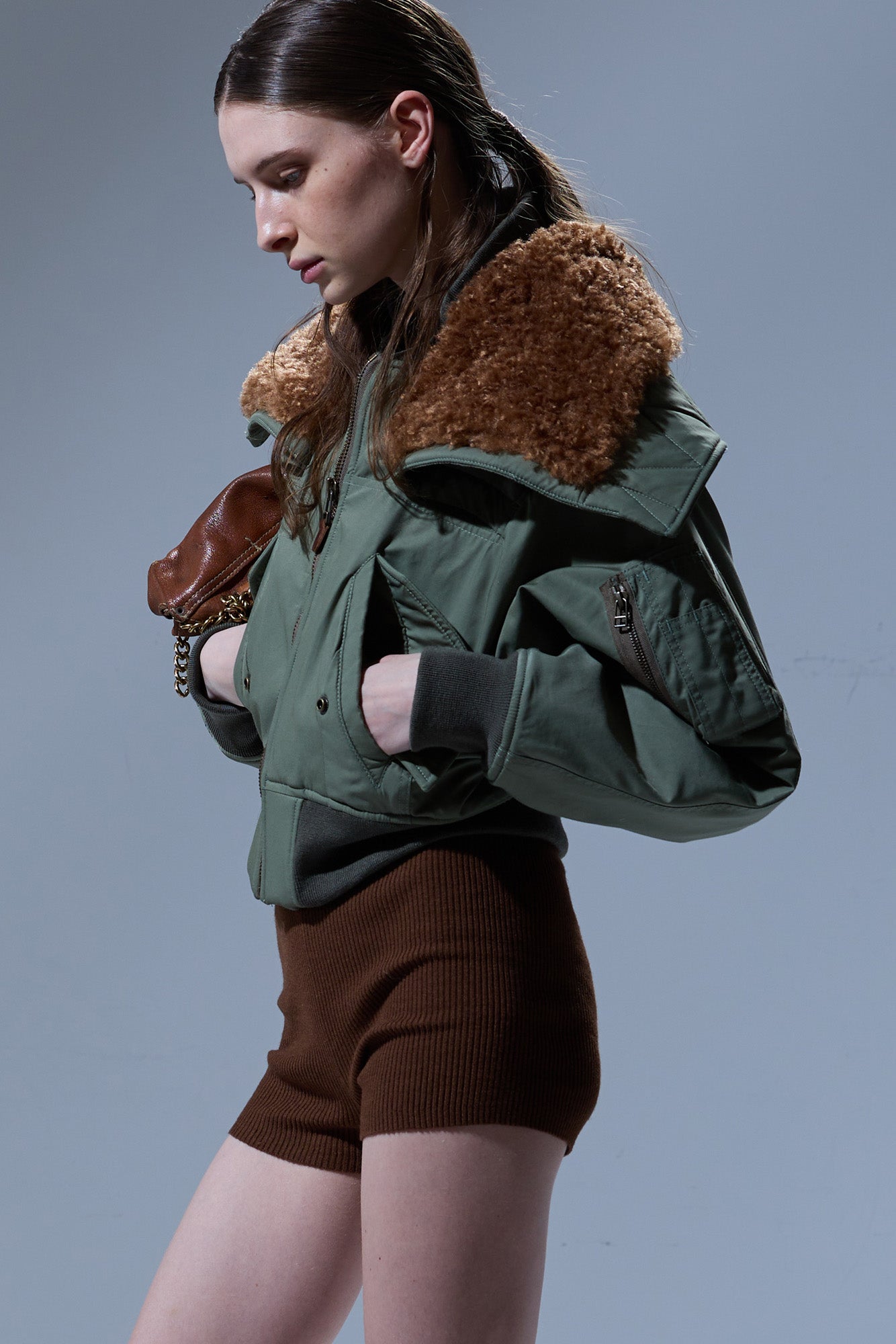 MM 【R13】RIBBED FLIGHT BOMBER JACKET Cropped Flight Bomber - Sage Green – R13