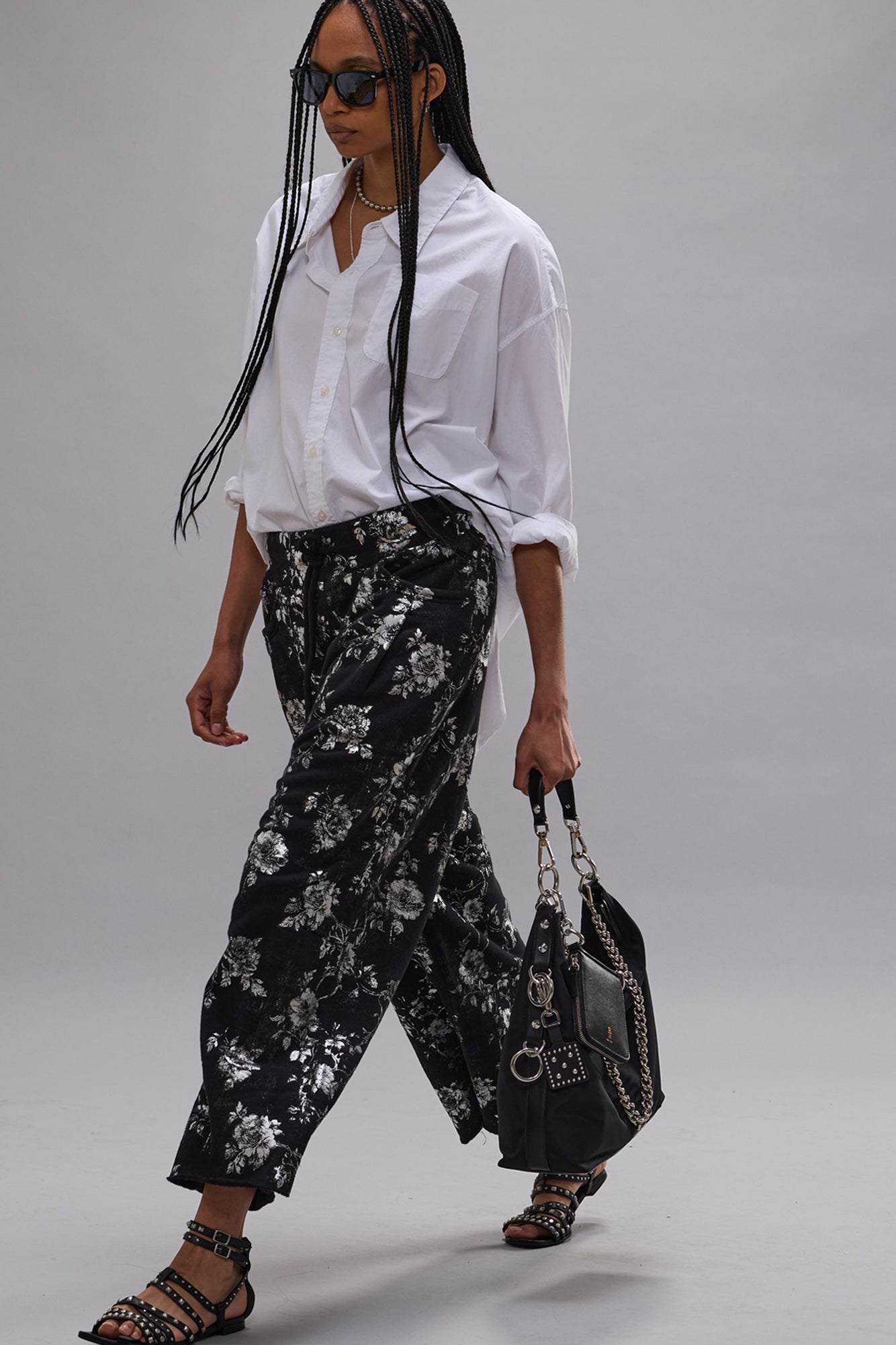CROPPED PLEATED SWEATPANT - SILVER FLORAL ON BLACK - R13