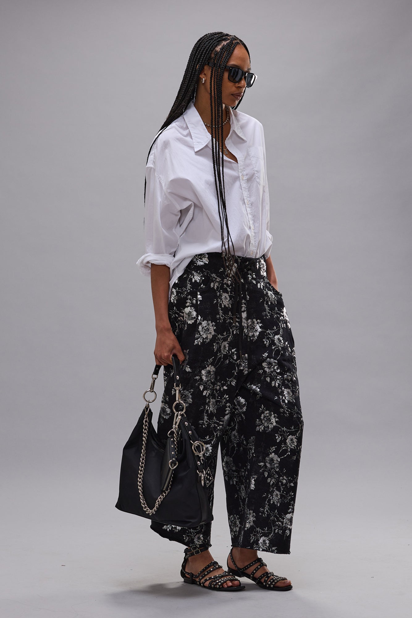 CROPPED PLEATED SWEATPANT - SILVER FLORAL ON BLACK - R13