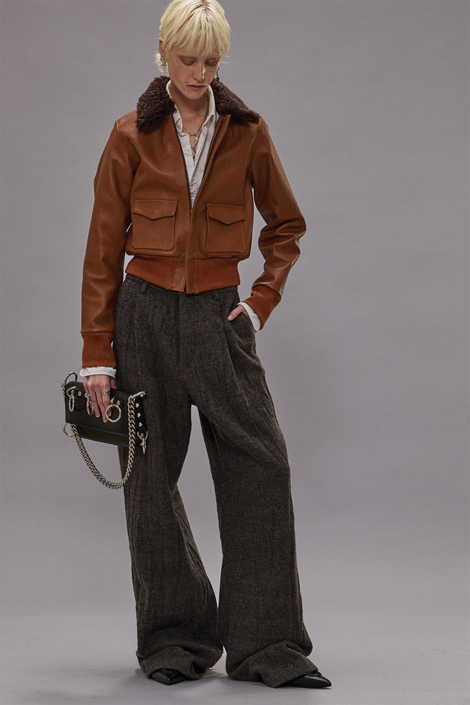 Cropped Shrunken Zip-Up Bomber - Orange Brown