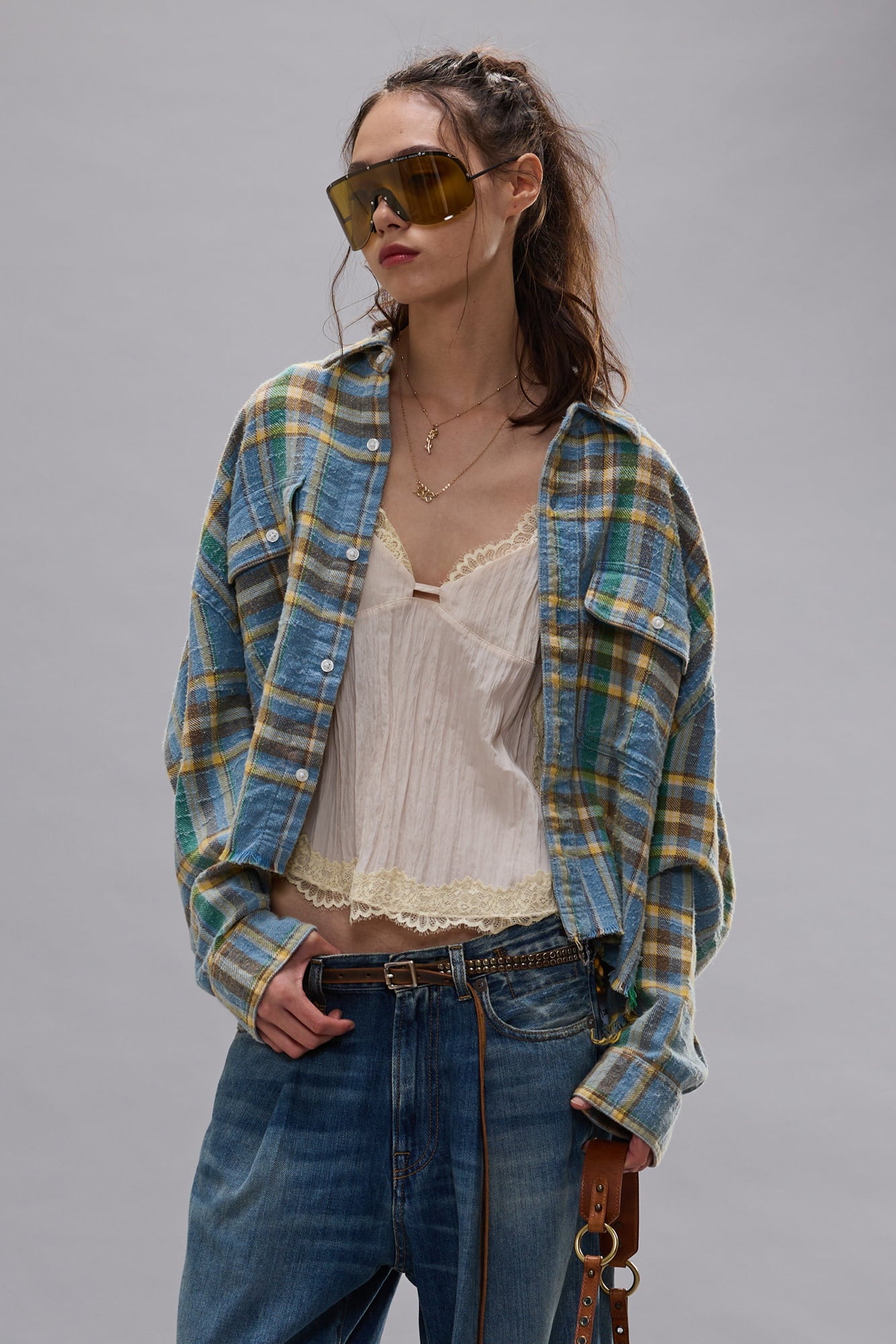 Cropped Work Shirt - Light Blue Plaid - R13