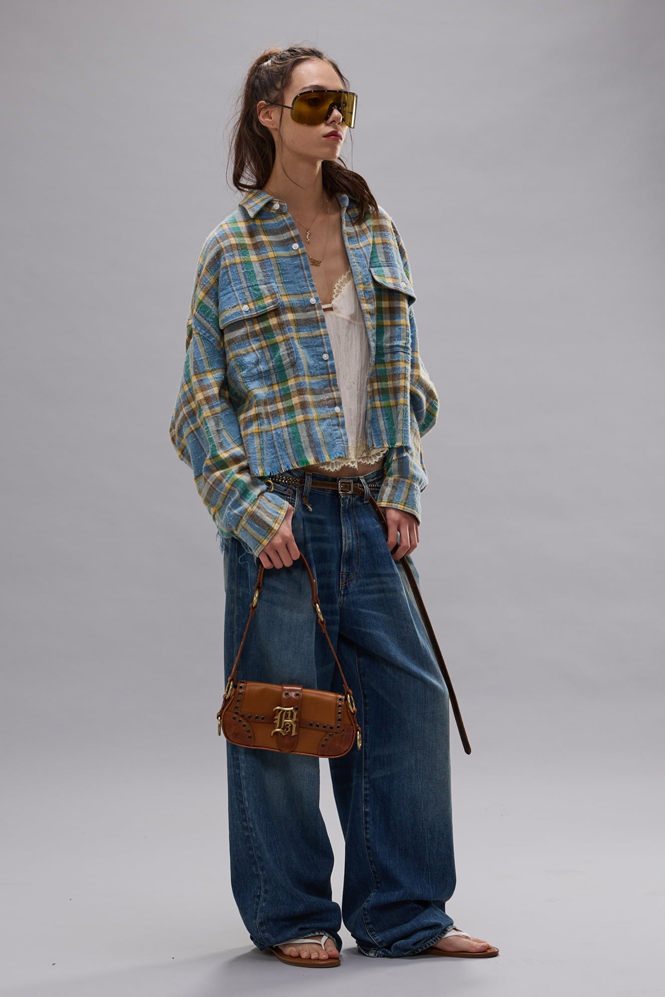 Cropped Work Shirt - Light Blue Plaid - R13