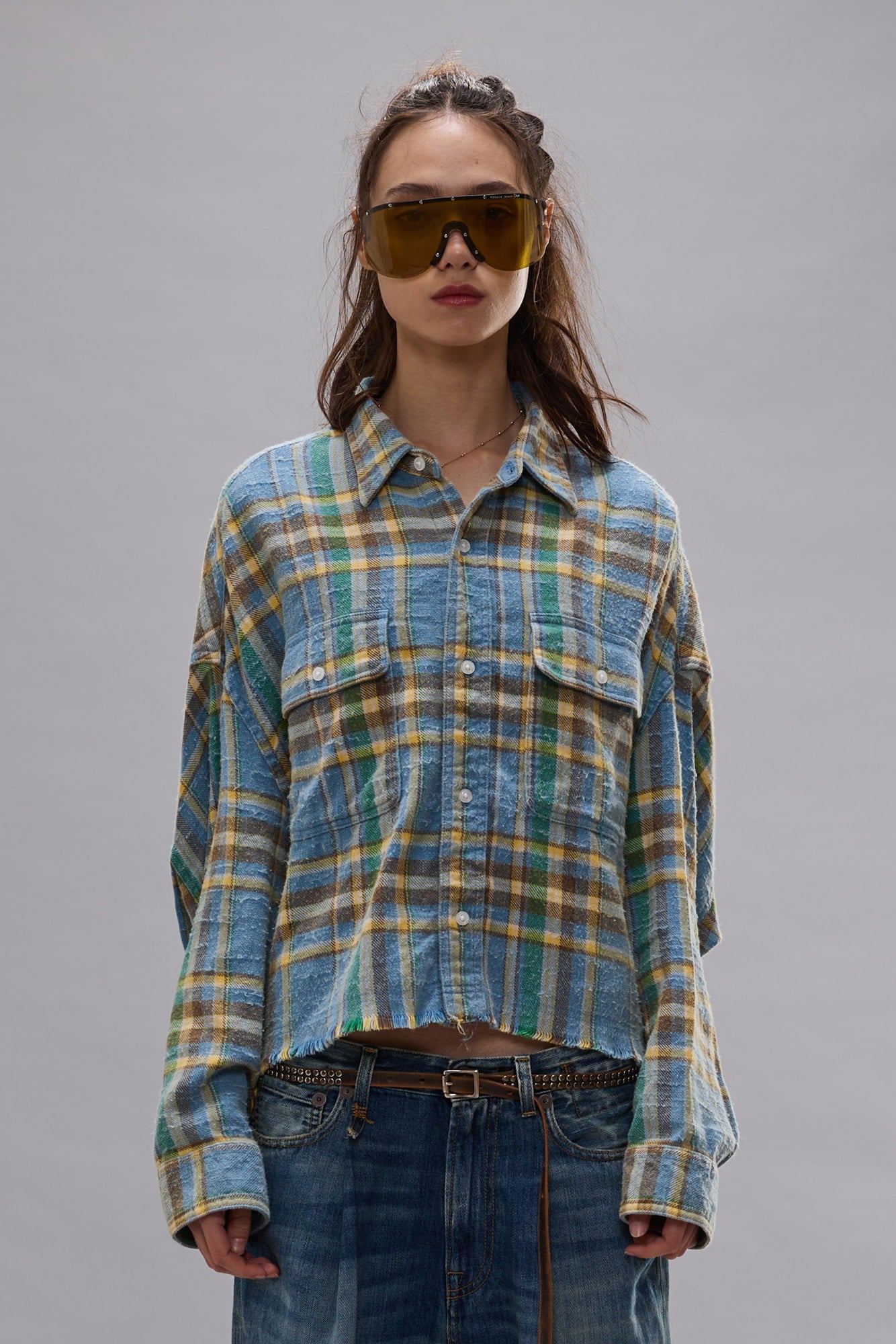Cropped Work Shirt - Light Blue Plaid - R13