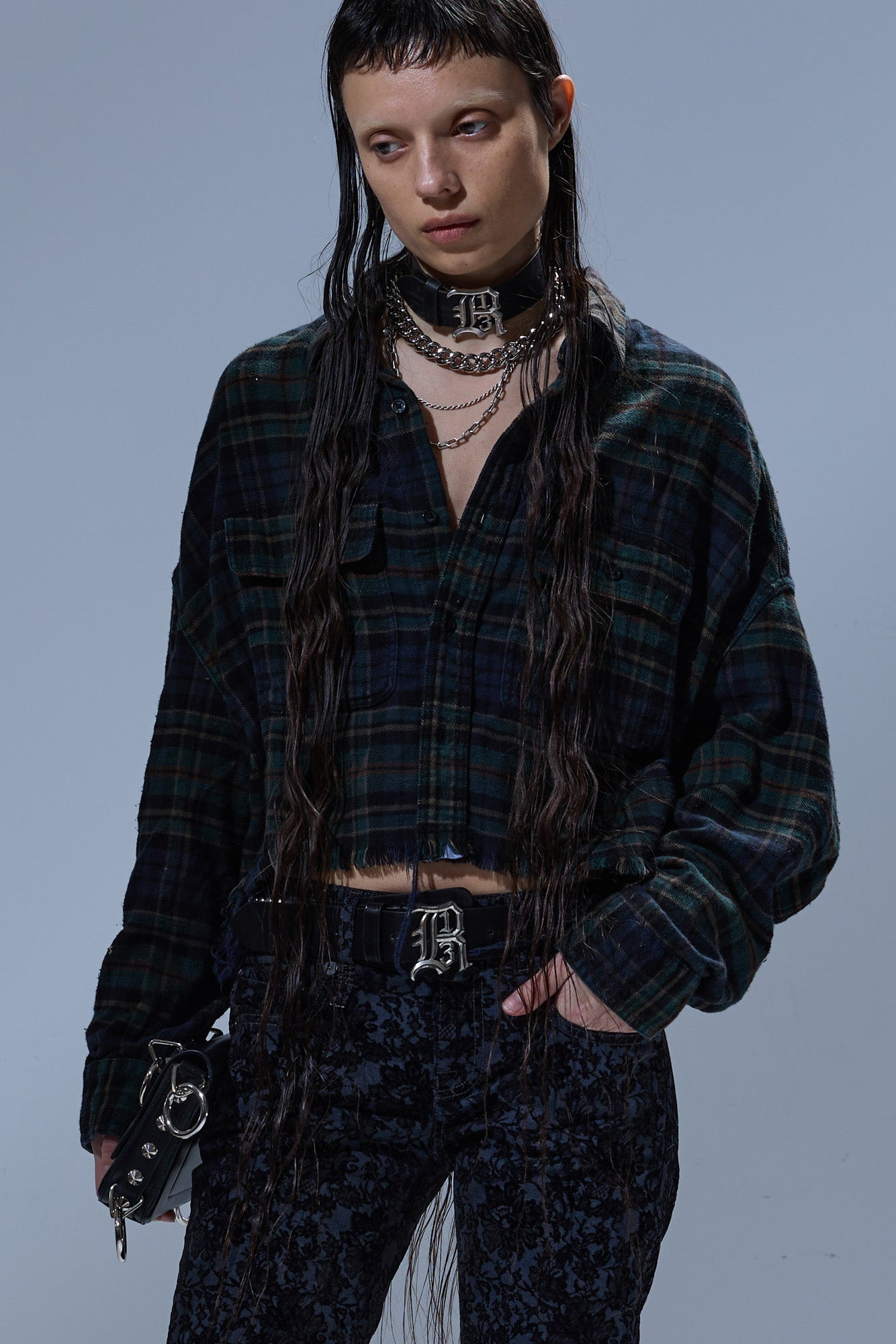 CROPPED WORK SHIRT - OVERDYED TEAL / NAVY / YELLOW PLAID BLUE - R13