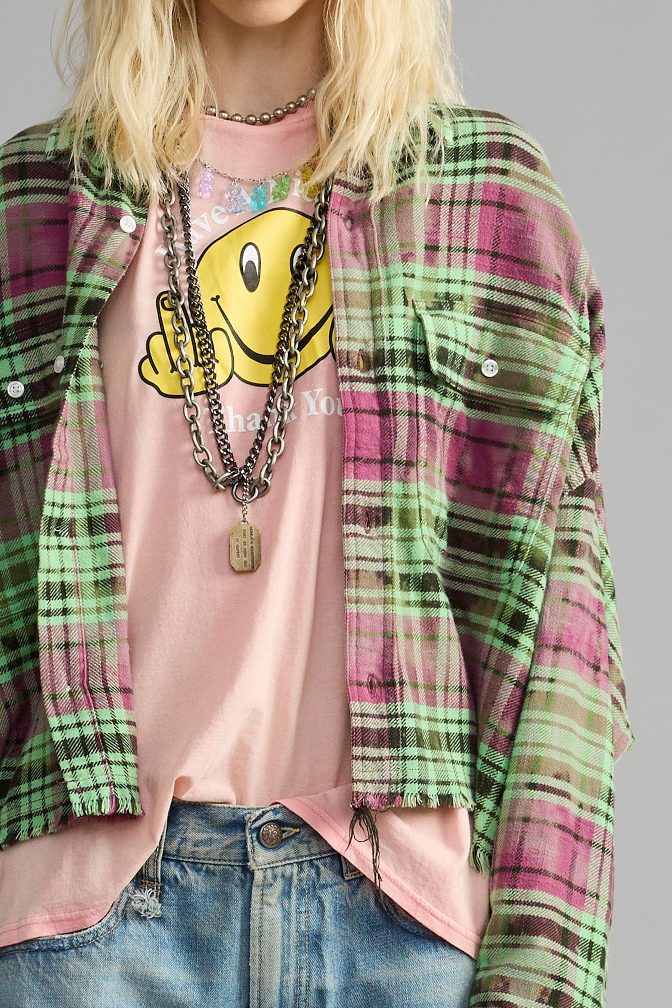 Cropped Work Shirt - Pink Overdyed Green Plaid - R13