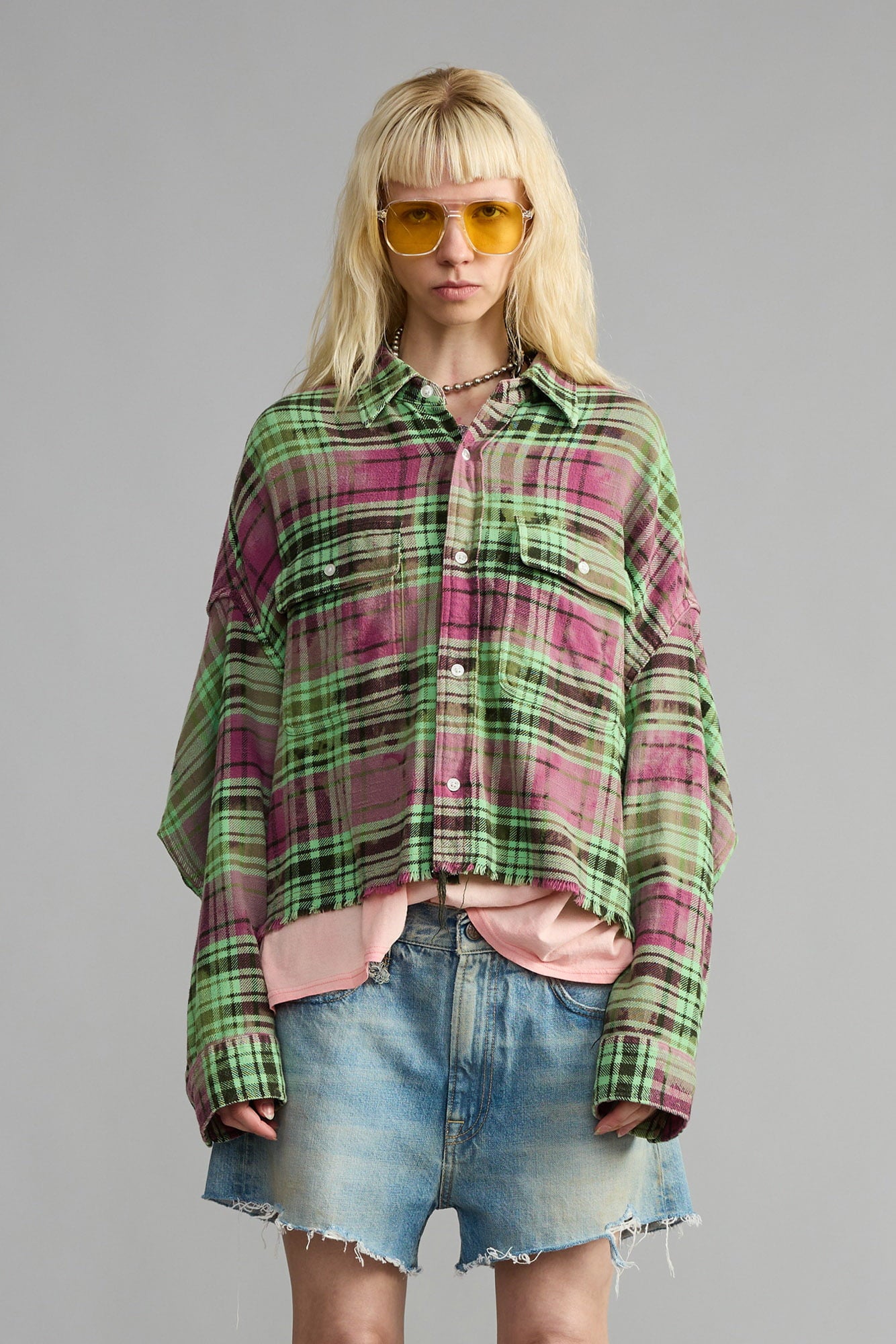 CROPPED WORK SHIRT - PINK OVERDYED GREEN PLAID - R13