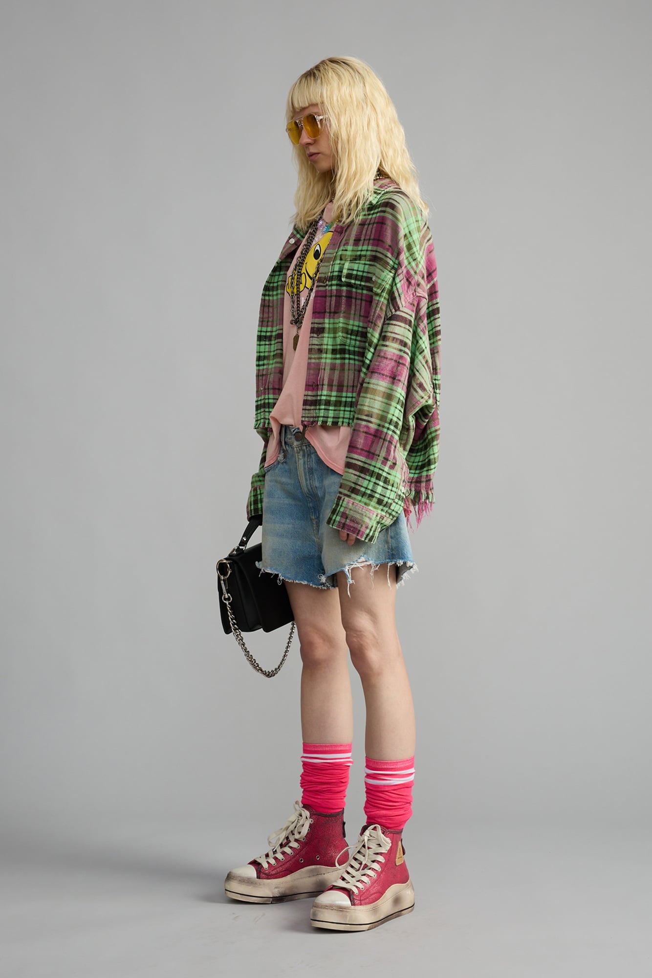 Cropped Work Shirt - Pink Overdyed Green Plaid - R13