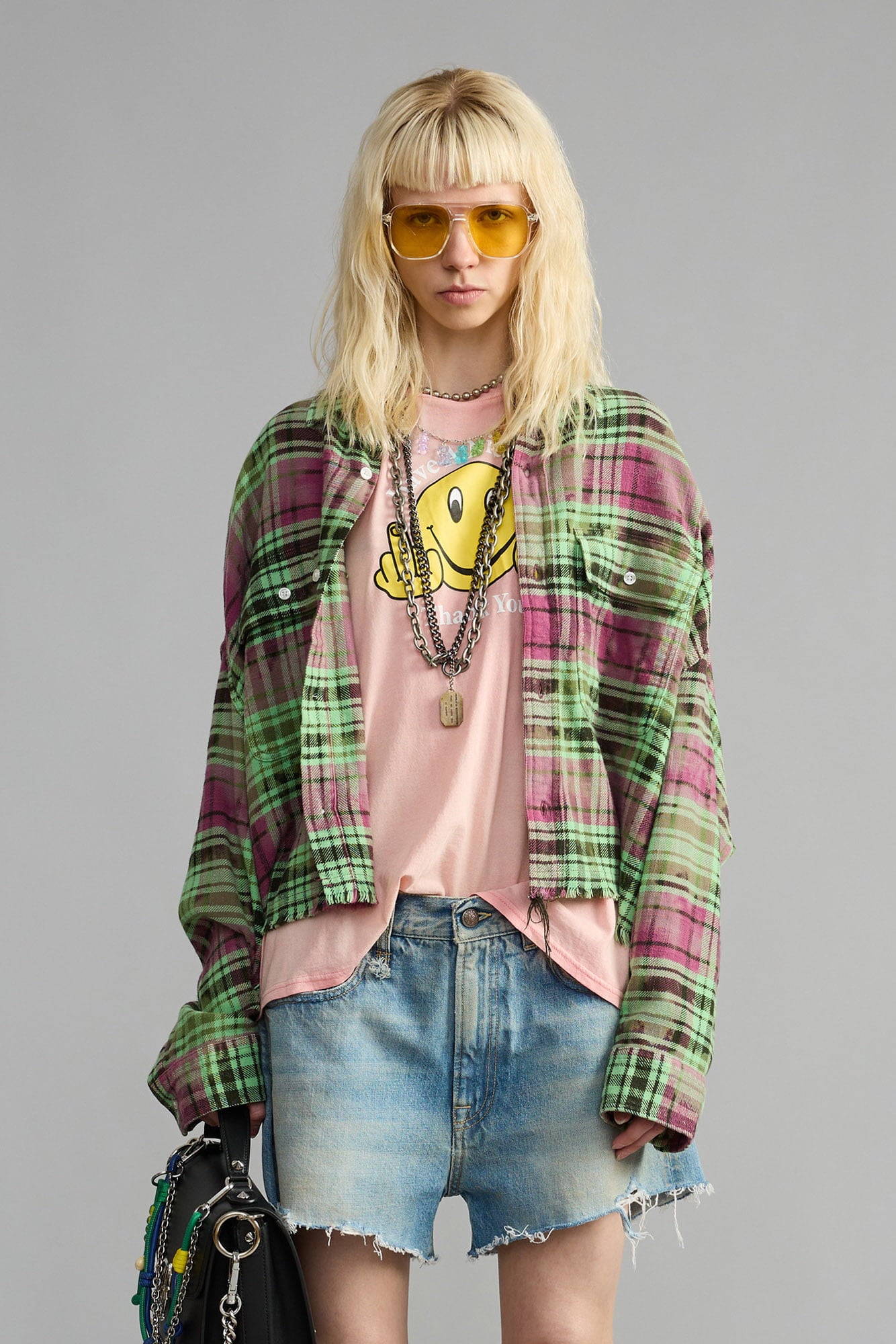 Cropped Work Shirt - Pink Overdyed Green Plaid - R13