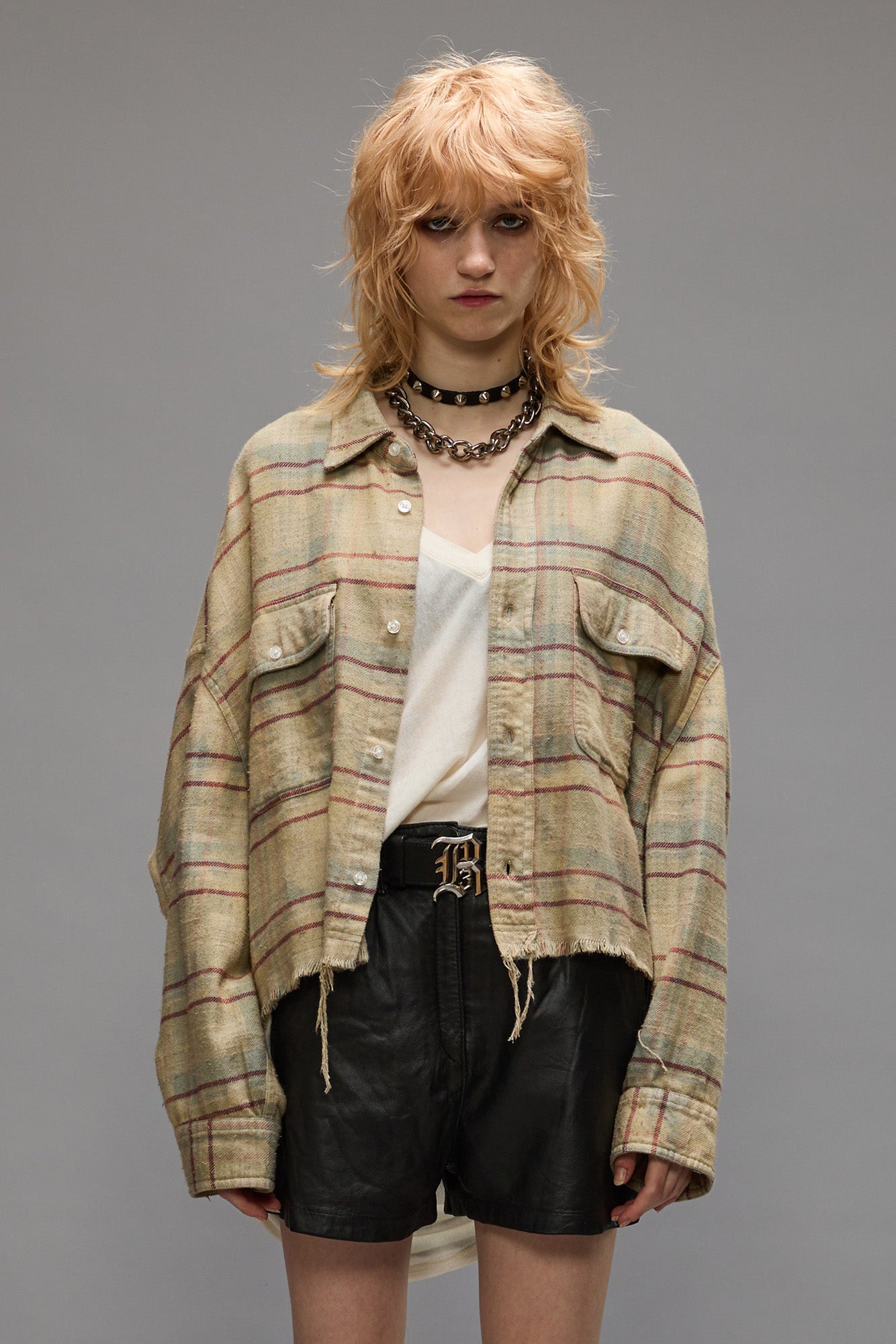 Cropped Workshirt - Bleached Light Blue Plaid - R13