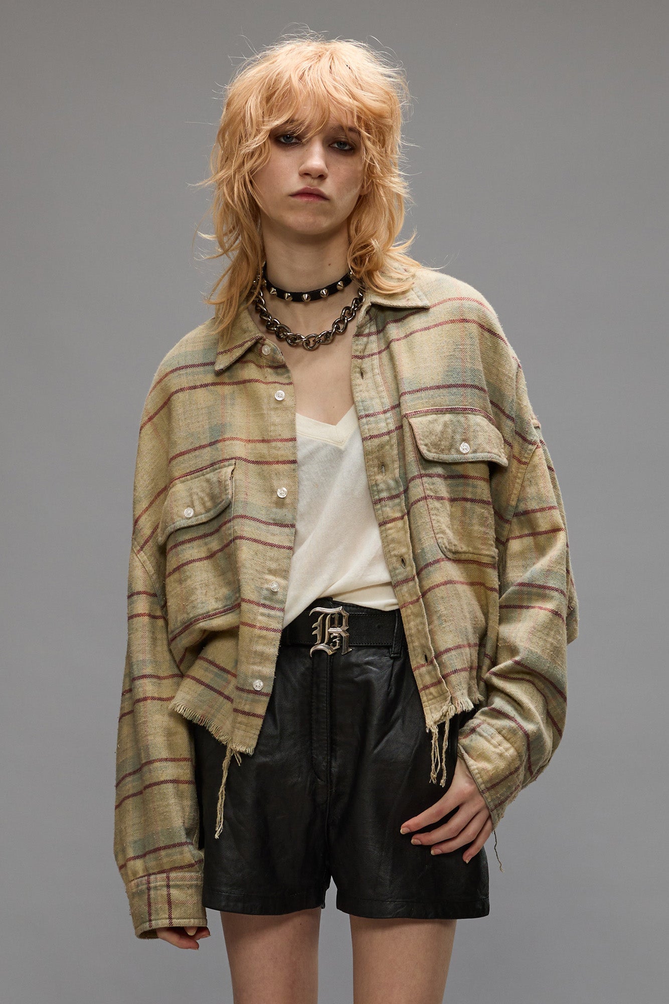 Cropped Workshirt - Bleached Light Blue Plaid