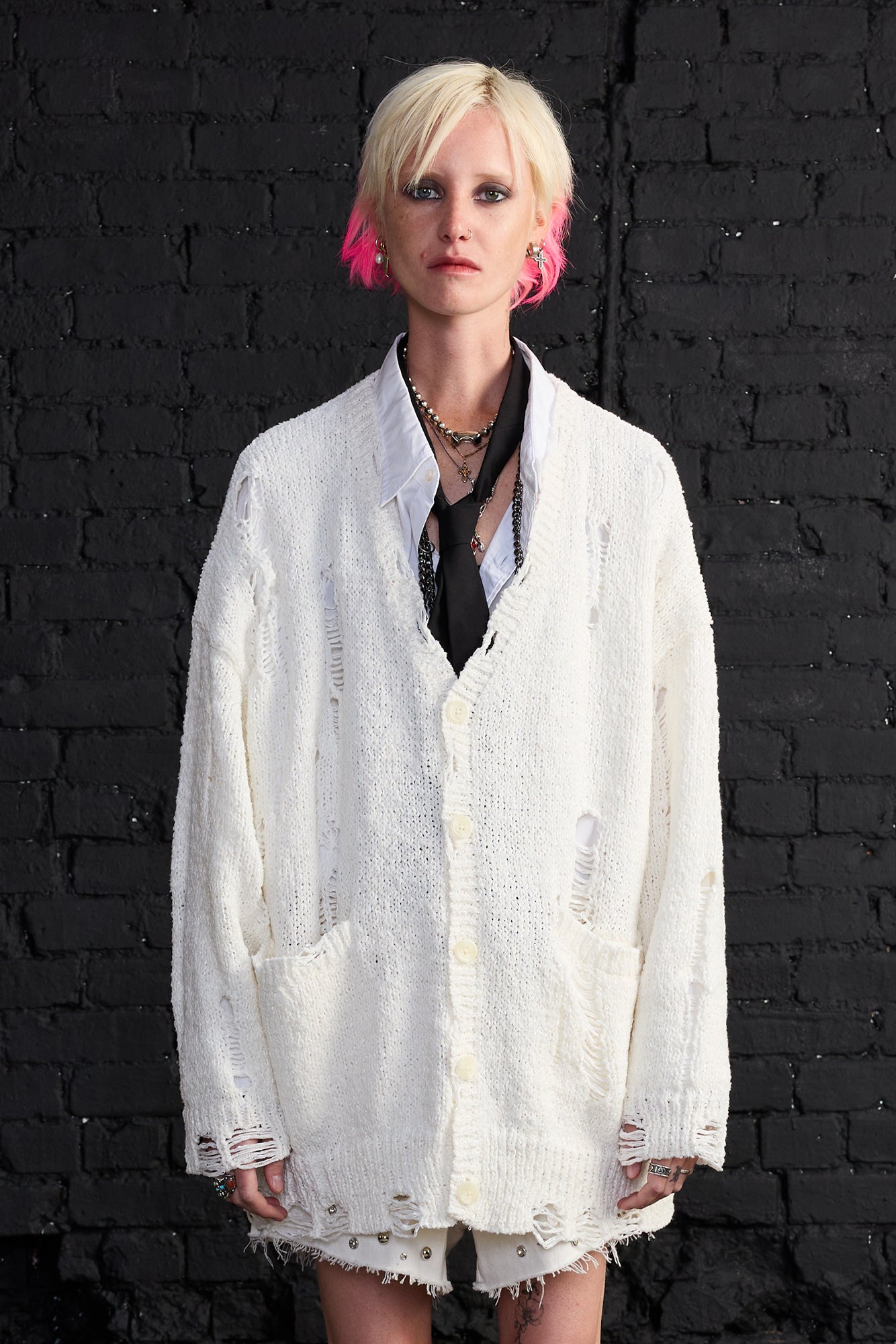 Distressed Oversized Cardigan - White - R13