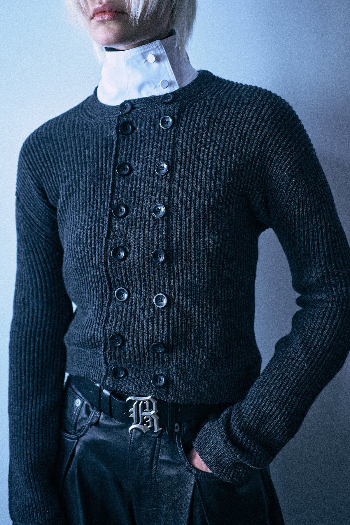 Double Breasted Cardigan - Dark Charcoal Grey - R13